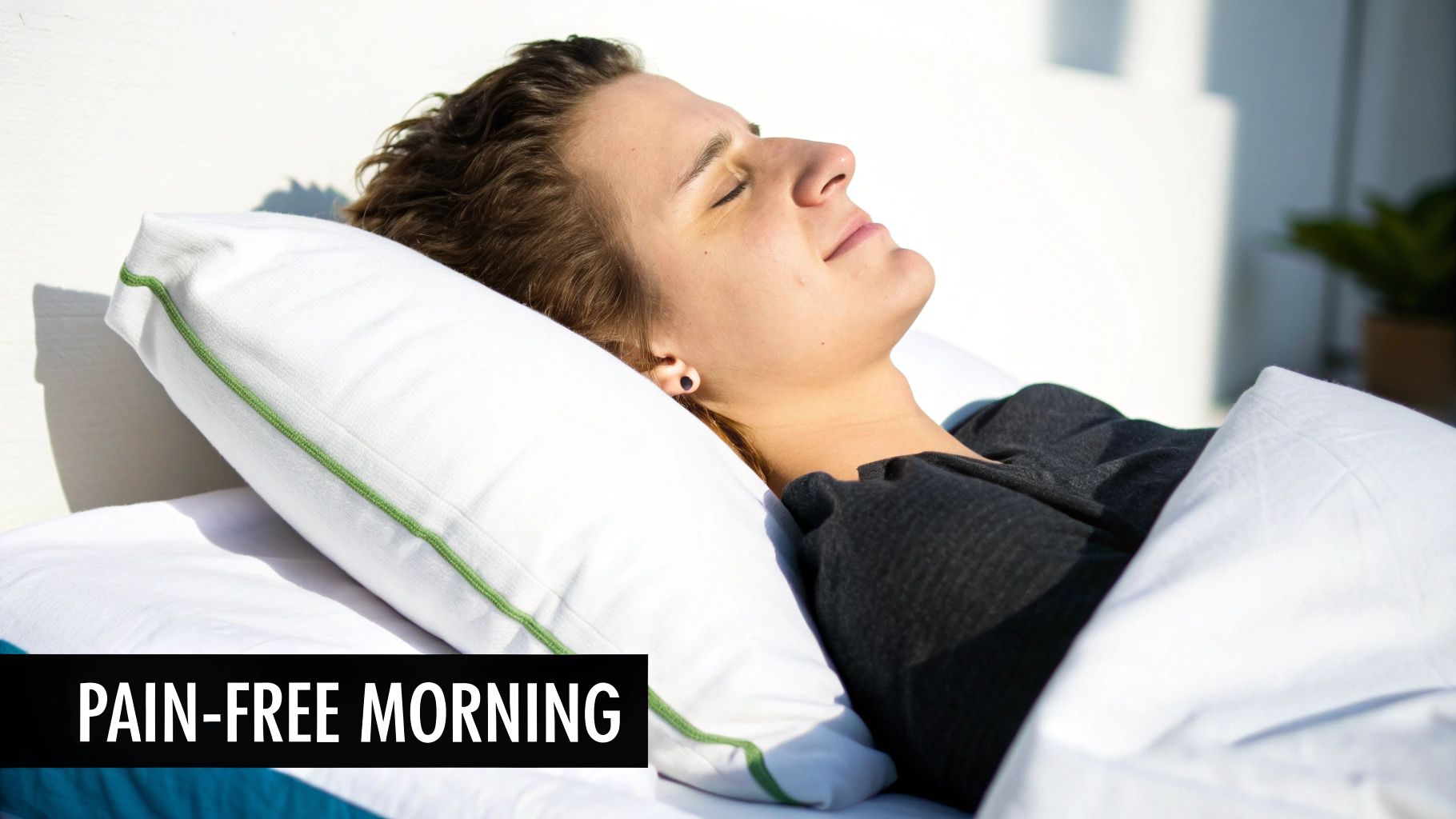 A person sleeping peacefully on a white pillow with green trim, looking refreshed in the morning.