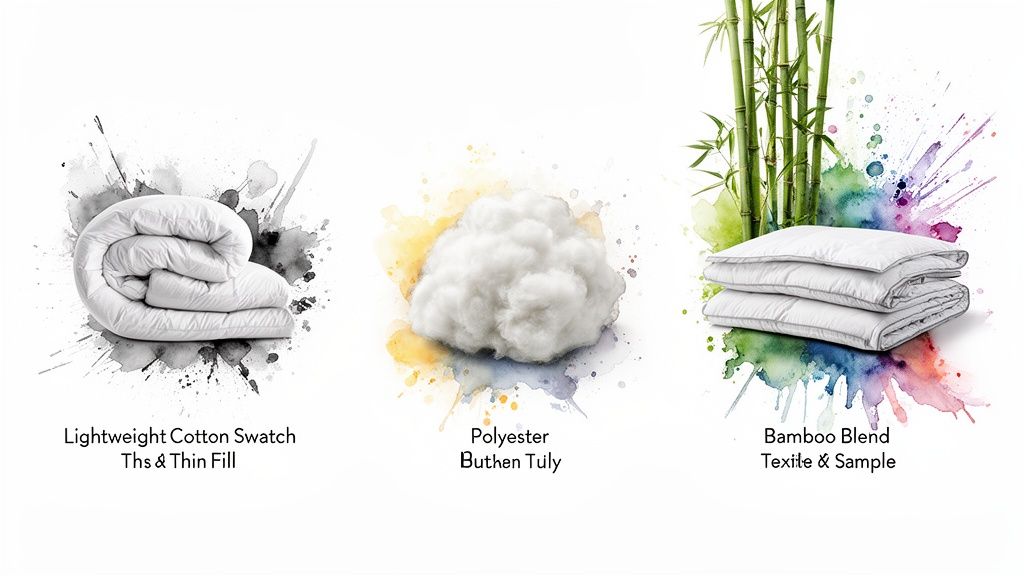 Image showcasing three types of bedding materials: cotton comforter, polyester fiberfill, and bamboo blend pillows.