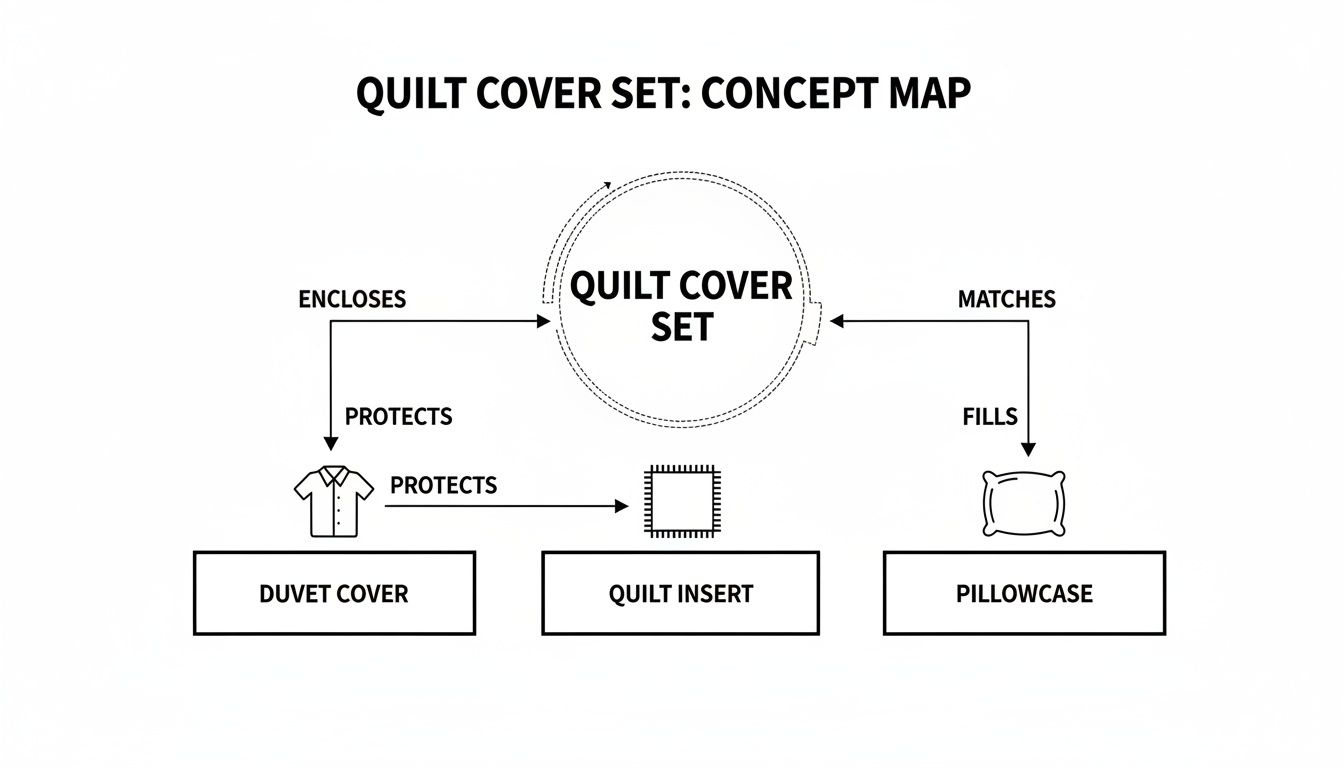 Concept map explaining a quilt cover set, showing relationships between duvet cover, quilt insert, and pillowcase.