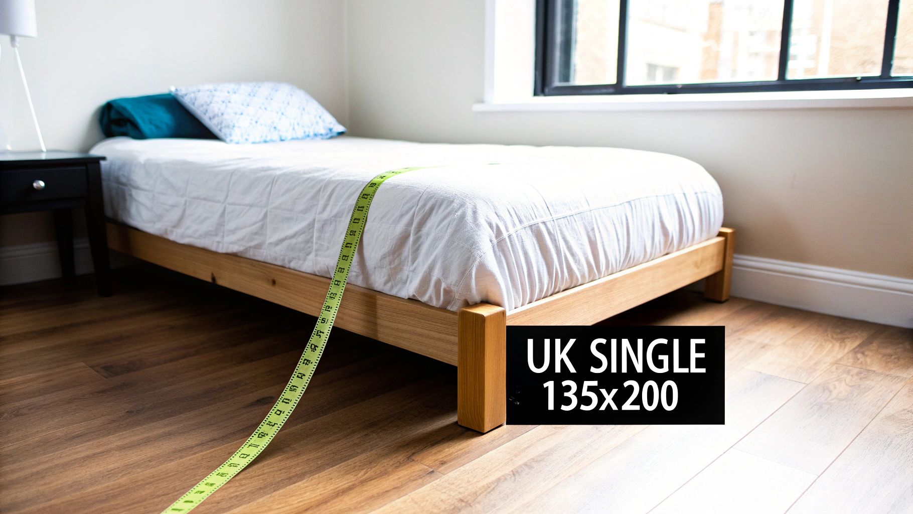 A single bed with a white duvet and a measuring tape displaying UK single bed dimensions.