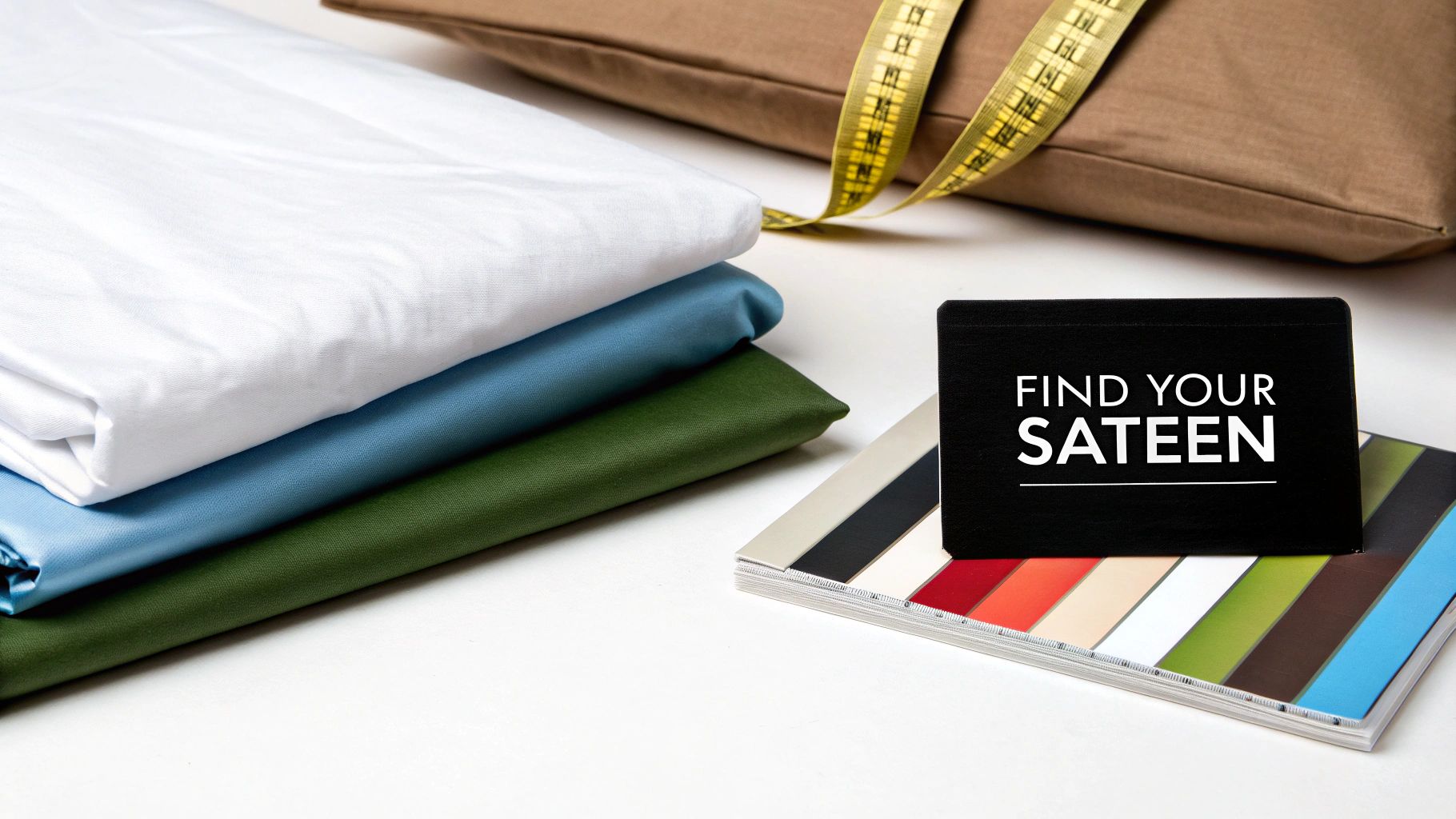 Find your sateen bed sheets with colorful fabric samples, swatches, and a measuring tape.