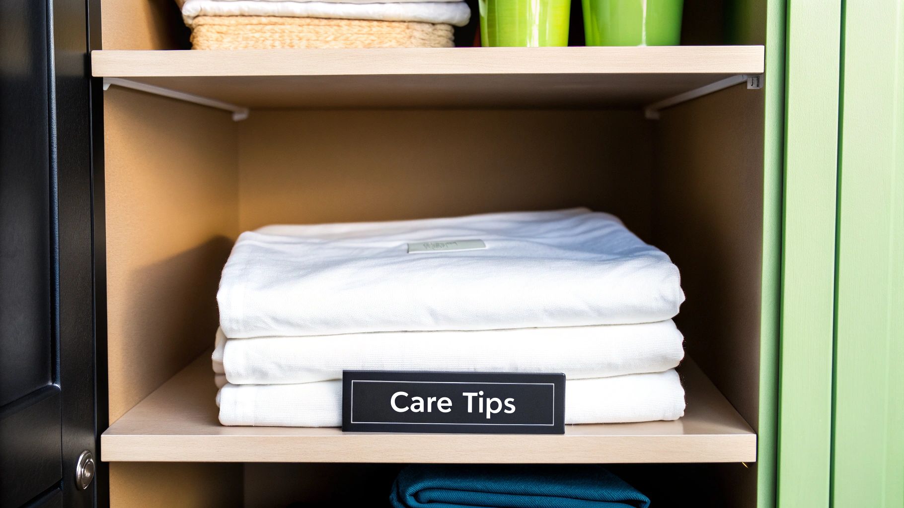 A neatly organized closet shelf showcasing folded white fitted sheets with a 'Care Tips' sign.