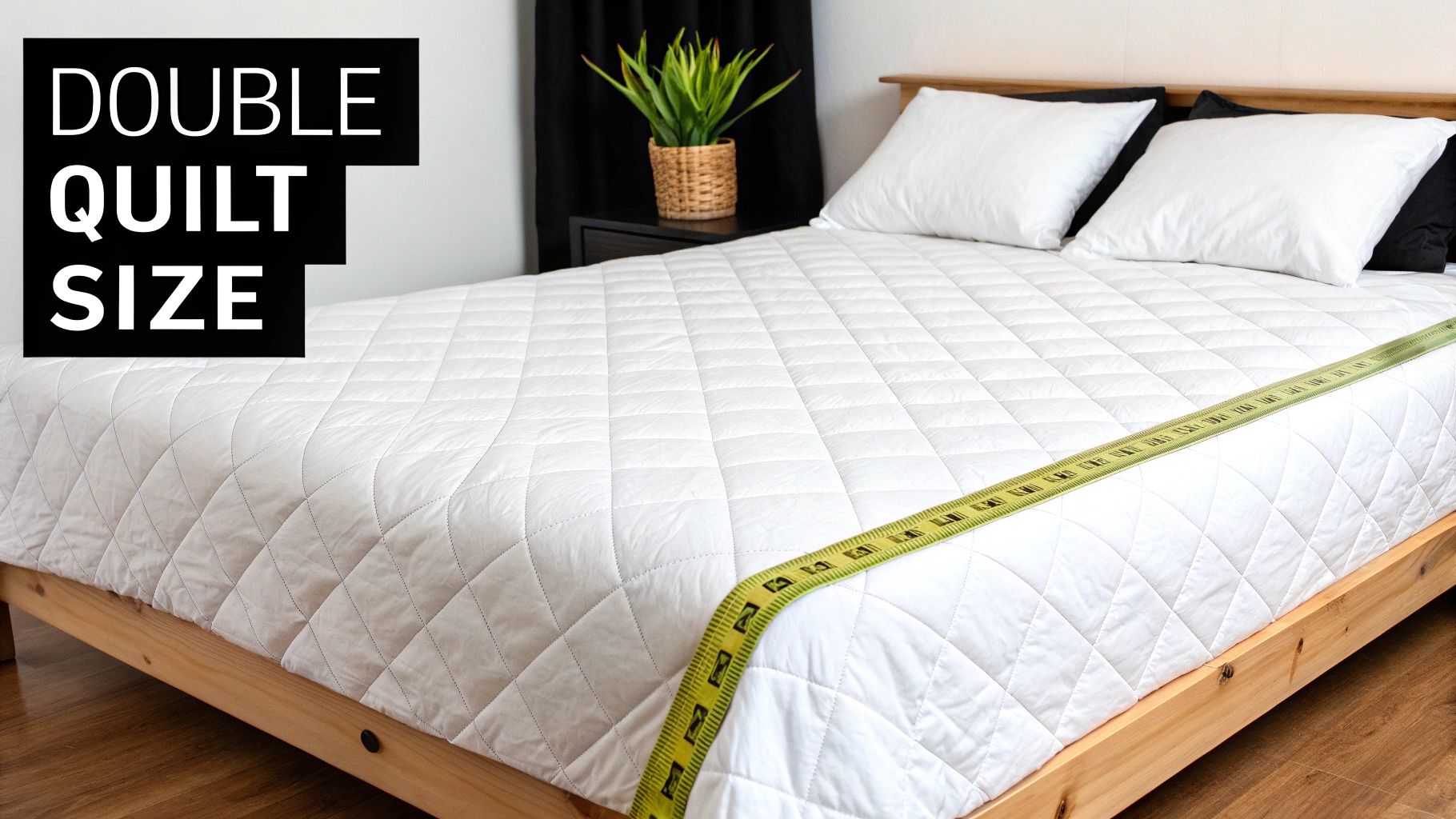 A white quilted double bedspread on a light wooden bed frame, with a yellow measuring tape across it. Text says 'DOUBLE QUILT SIZE'.