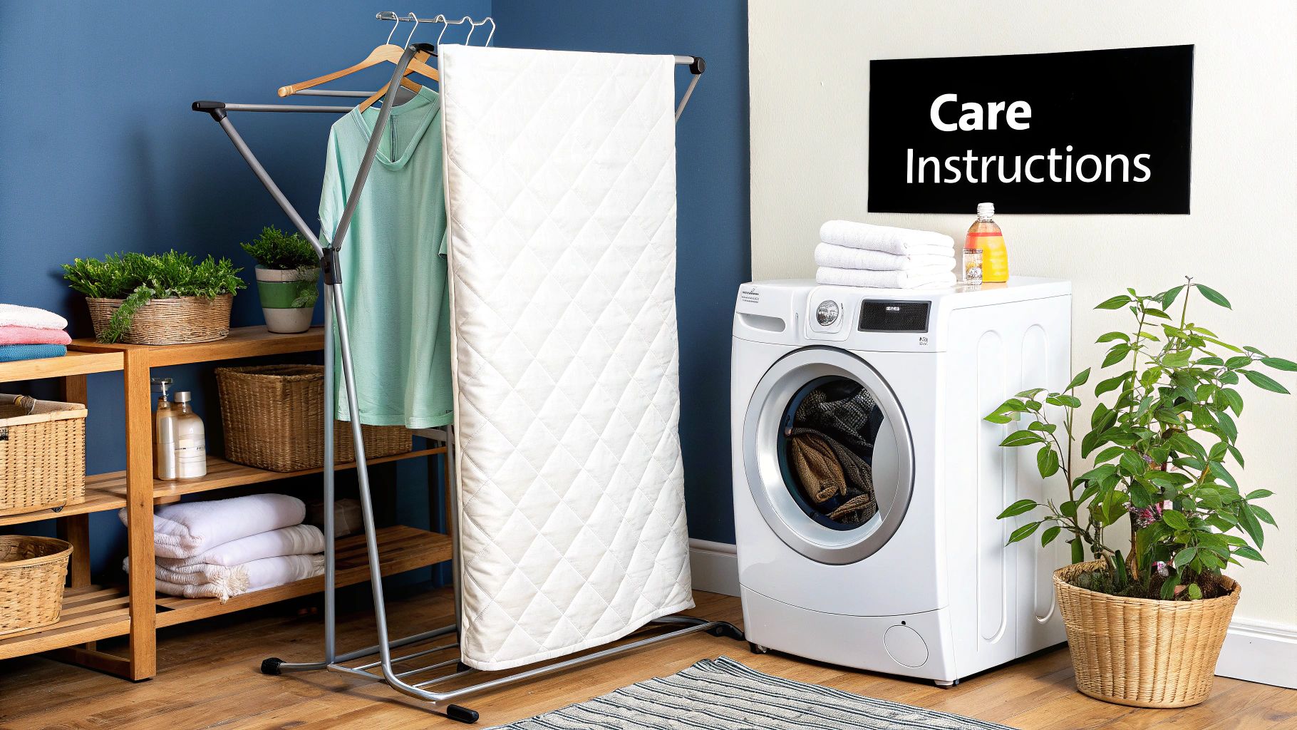 Person washing a mattress protector in a modern laundry room.