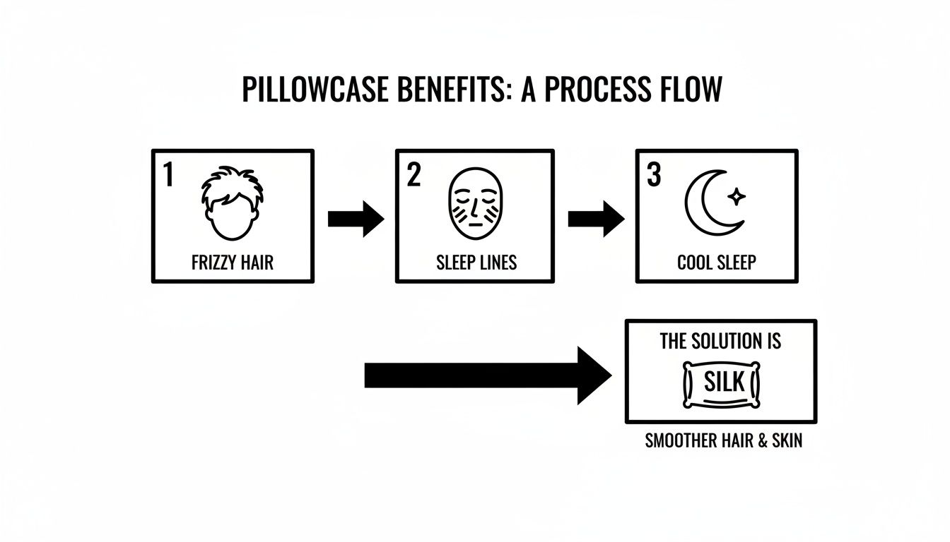 Infographic explaining the benefits of silk pillowcases for reducing frizzy hair, sleep lines, and promoting cool sleep for smoother hair and skin.