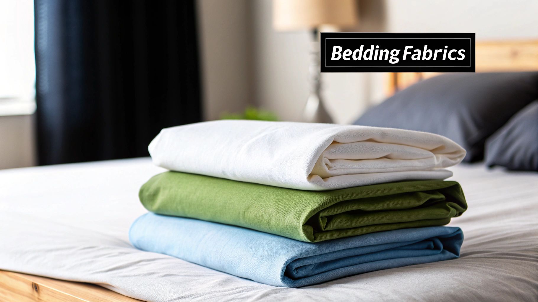 A neatly stacked pile of white, green, and blue folded bedding fabrics on a bed.