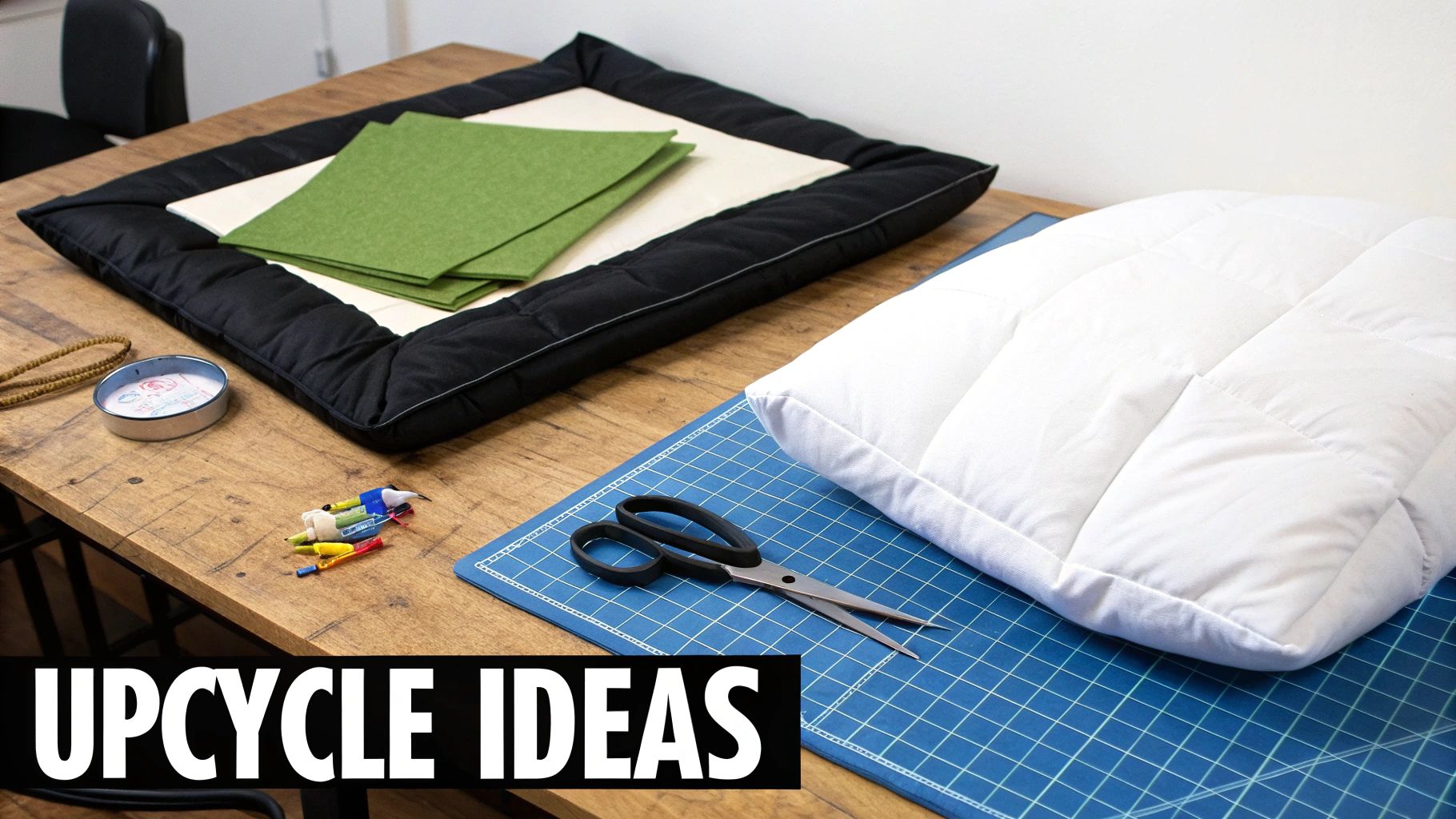 Crafting supplies laid out on a wooden table, including fabric, scissors, and a pillow, for upcycle ideas.