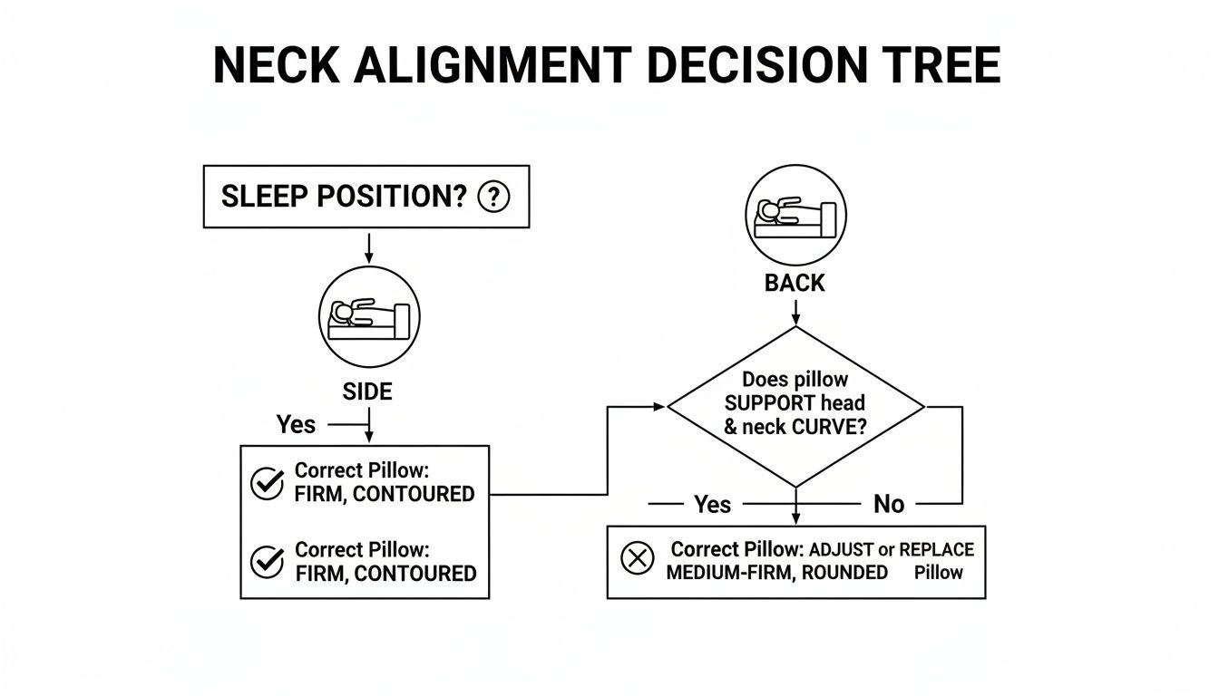 A decision tree flowchart guides users on choosing the correct pillow for neck alignment based on sleep position.