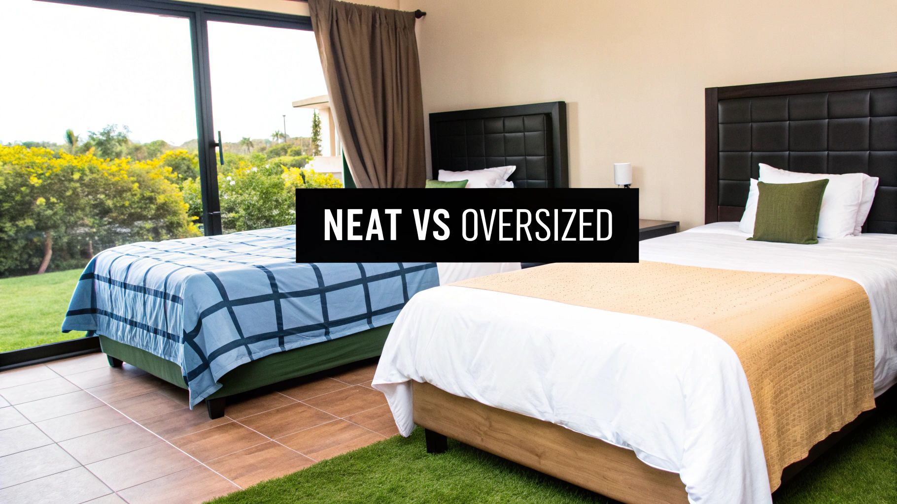 Two beds in a room with a view, comparing neat blue checkered duvet versus oversized white bedding.