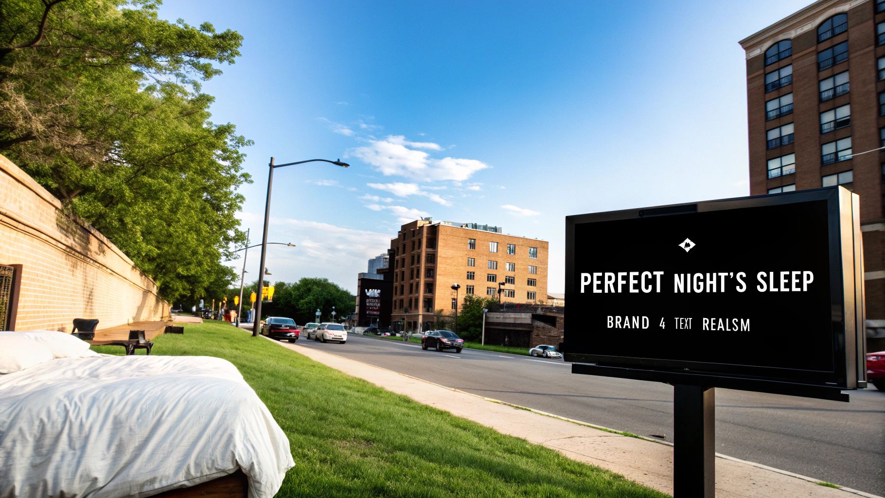 An outdoor bed with white sheets on a grassy median, next to a digital billboard for 'Perfect Night's Sleep'.