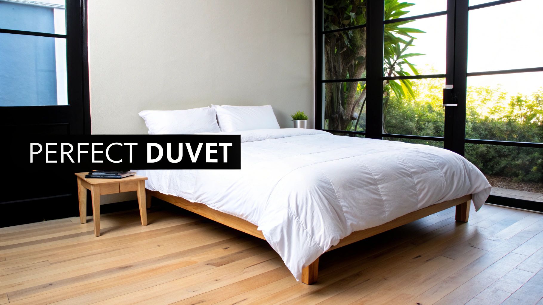 A beautifully made king size bed with a crisp cotton duvet cover in a bright, airy bedroom.