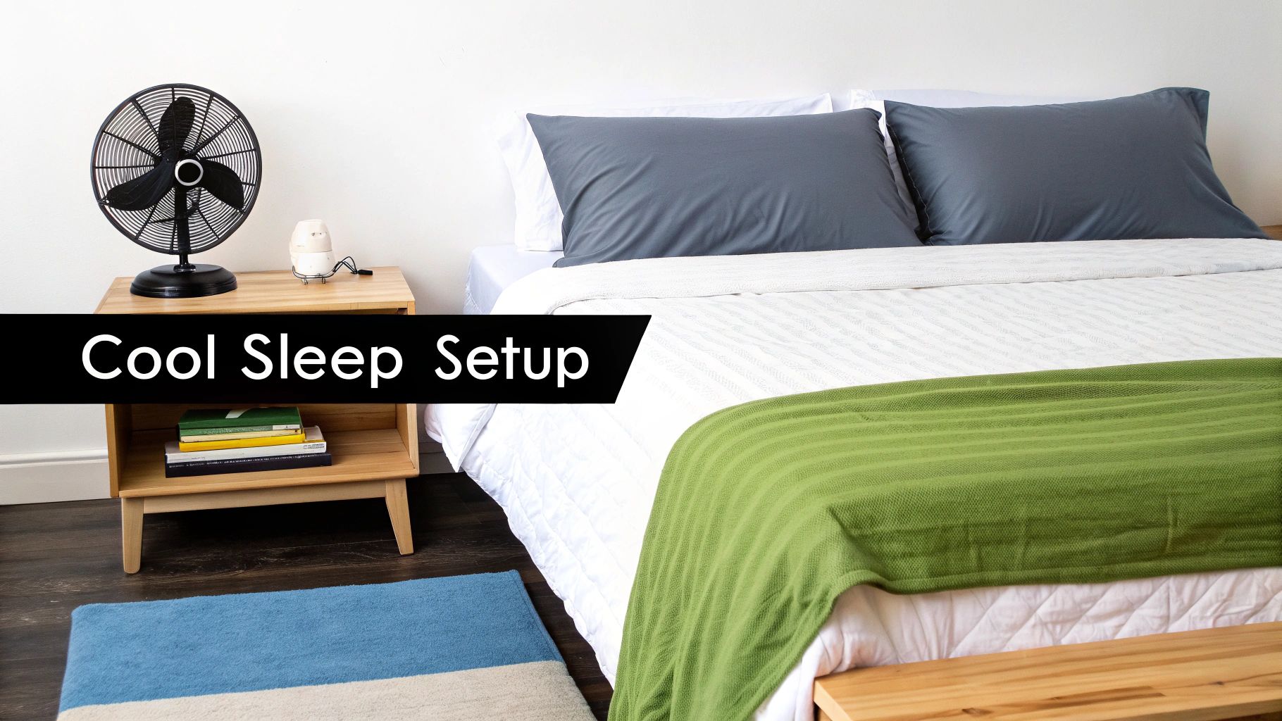 A cool sleep setup in a modern bedroom with a bed, fan, and light bedding.