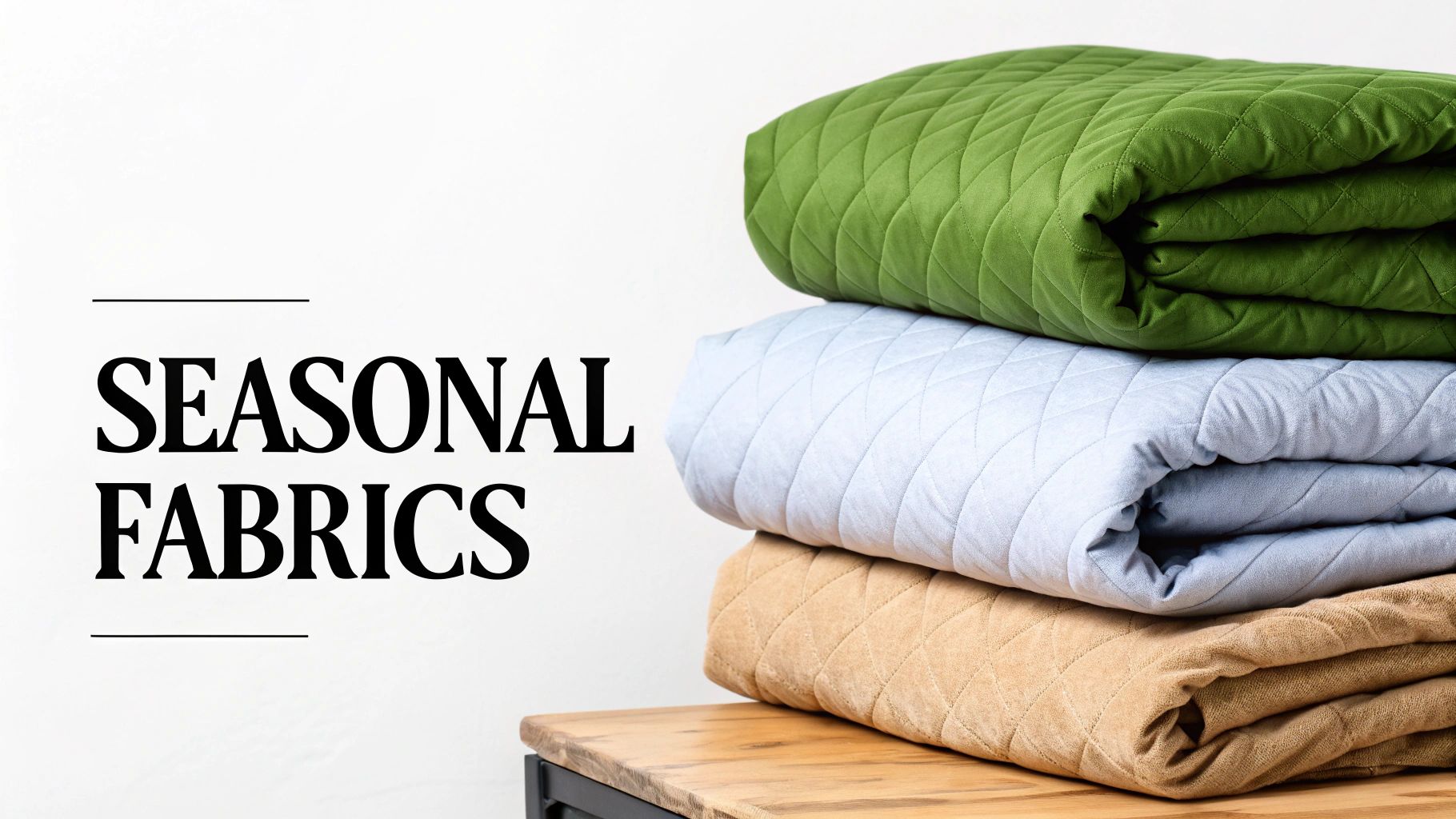 A stack of folded, quilted blankets in green, blue, and tan, with 'SEASONAL FABRICS' text.
