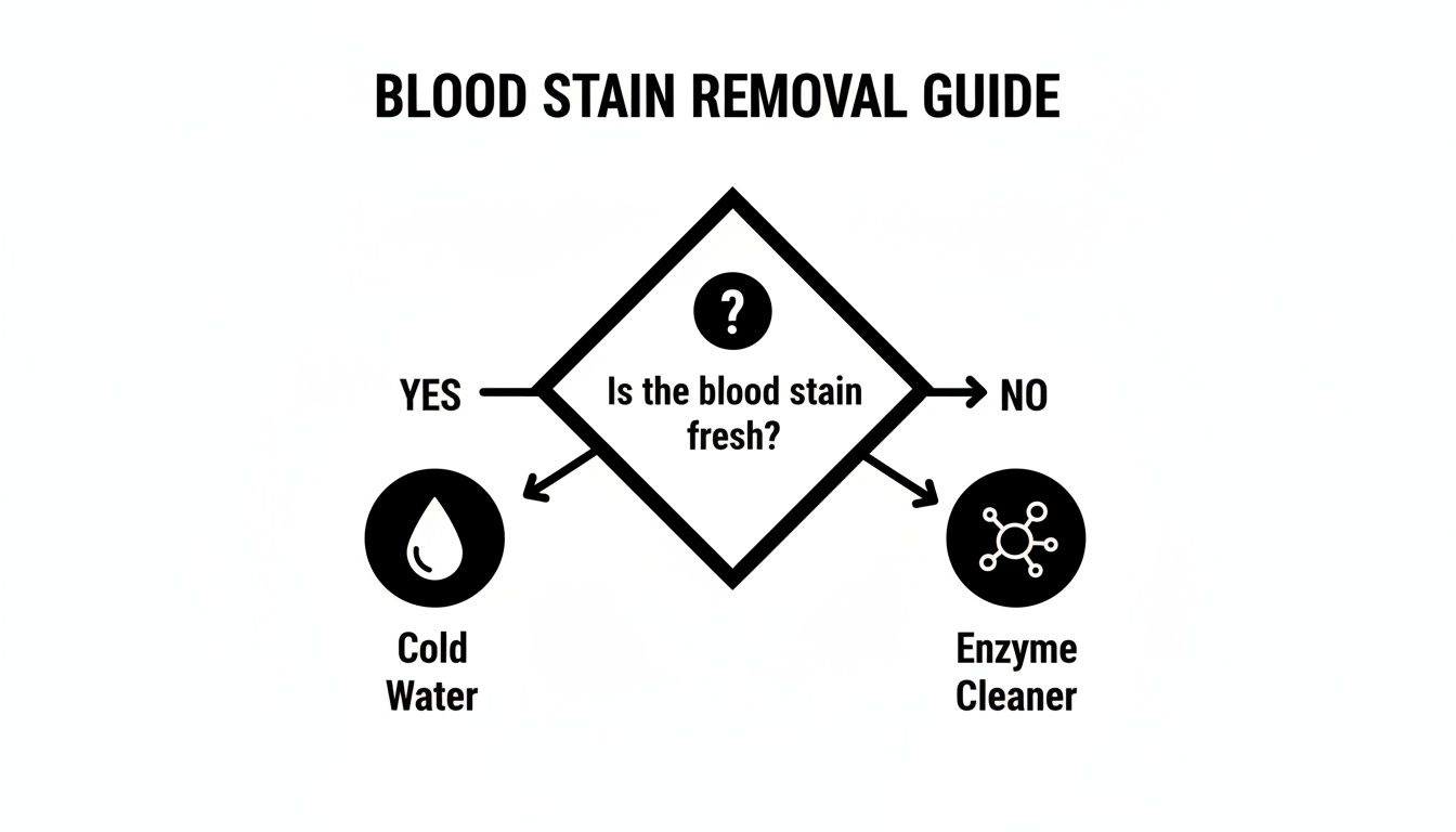 Flowchart guide for blood stain removal. Fresh stains require cold water, while old stains need enzyme cleaner.