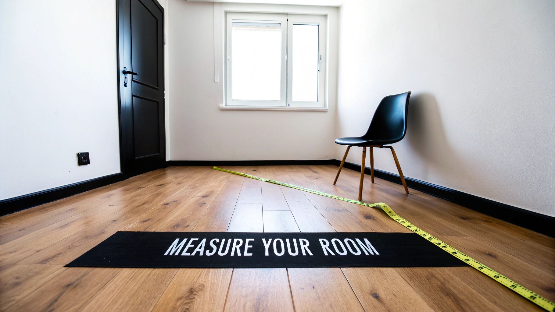 An empty room with a measuring tape, mat, black door, window, and chair on a wooden floor.