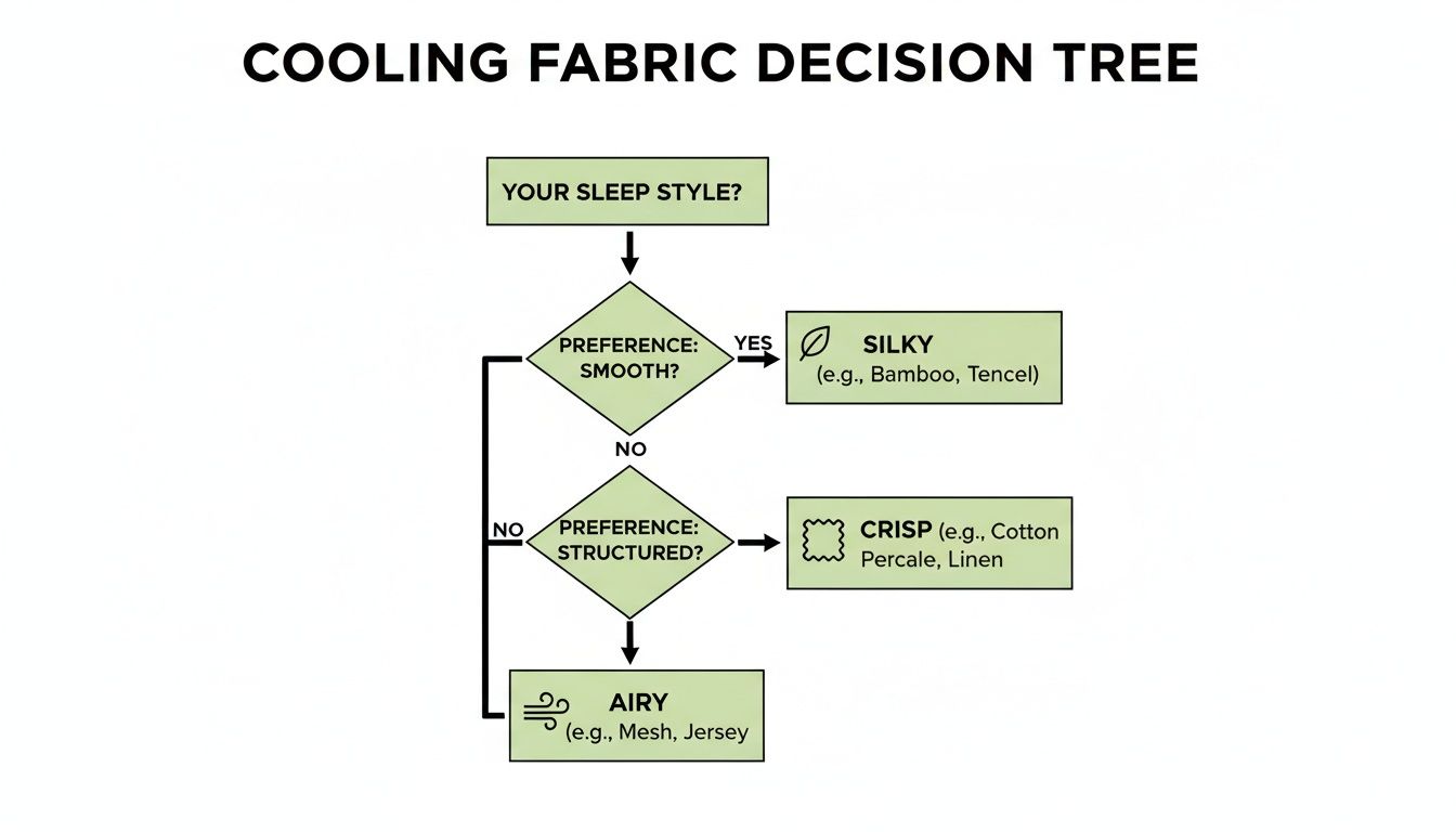 A decision tree chart helps choose cooling fabrics based on smooth, structured, or airy preferences.