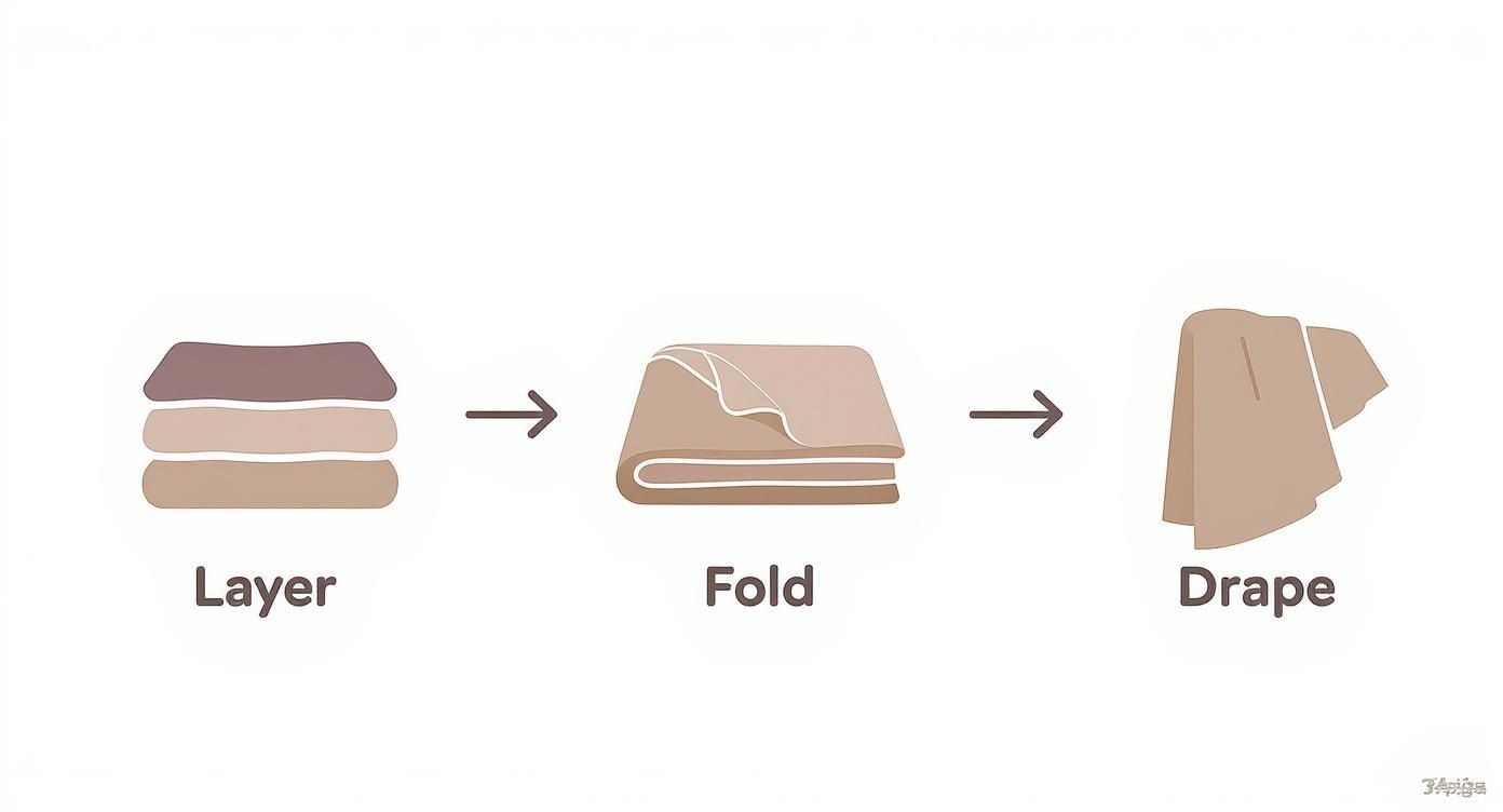 Infographic showing the three steps to styling a coverlet Layer, Fold, and Drape.