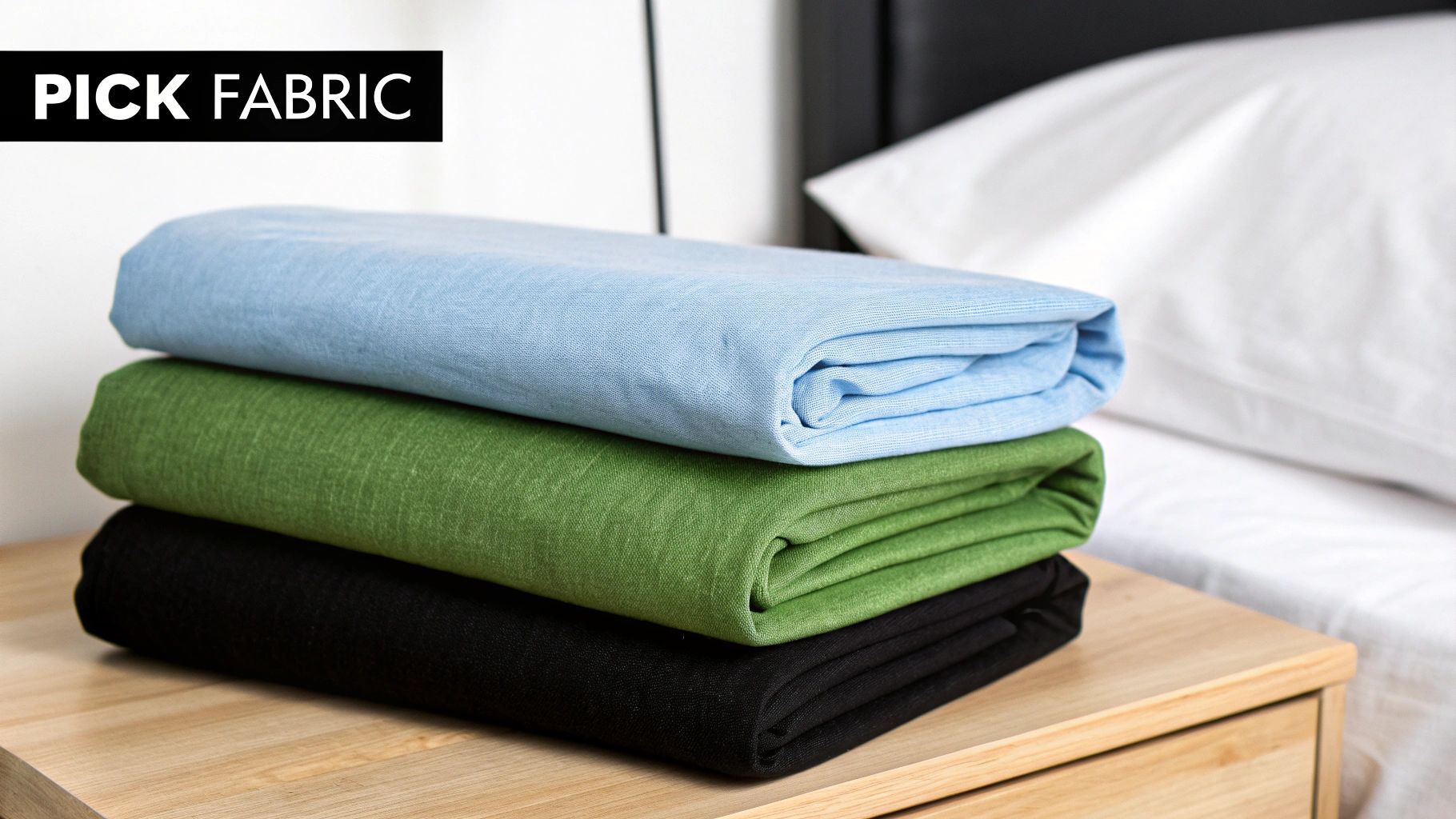 Stack of neatly folded deep fitted sheets in blue, green, and black colors on a wooden nightstand.