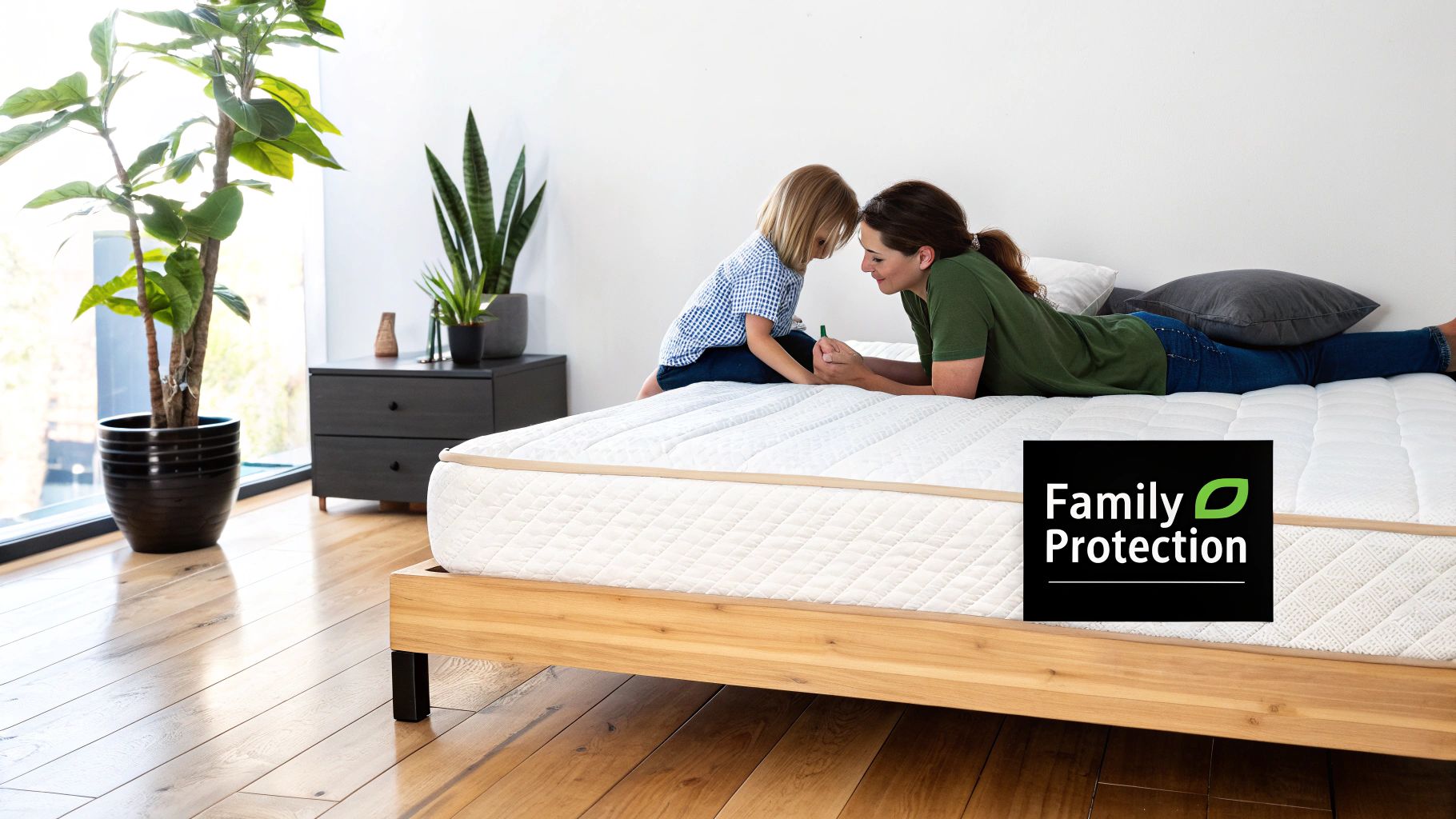 A child and mother playing on a bed with a white, quilted mattress protector, promoting family protection.