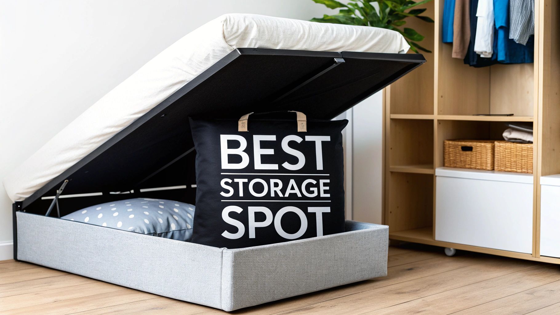 A neatly organised linen cupboard with bedding stored in breathable bags on a shelf.
