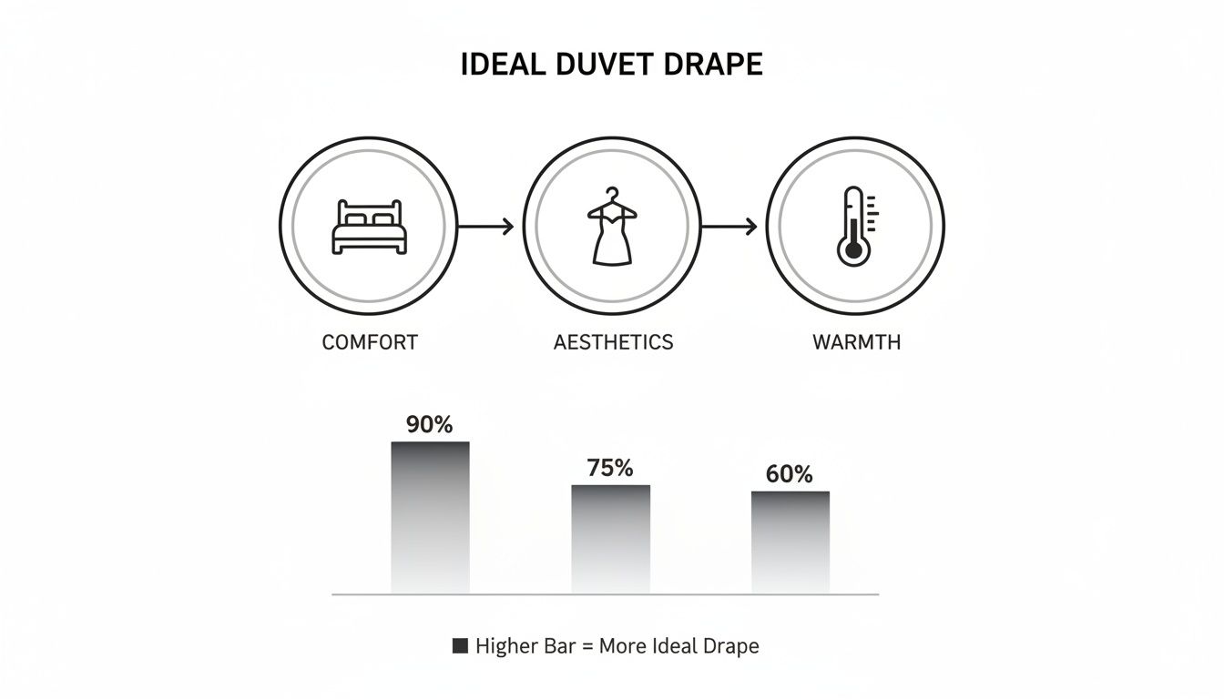 Diagram showing the factors for an ideal duvet drape: comfort (90%), aesthetics (75%), and warmth (60%).