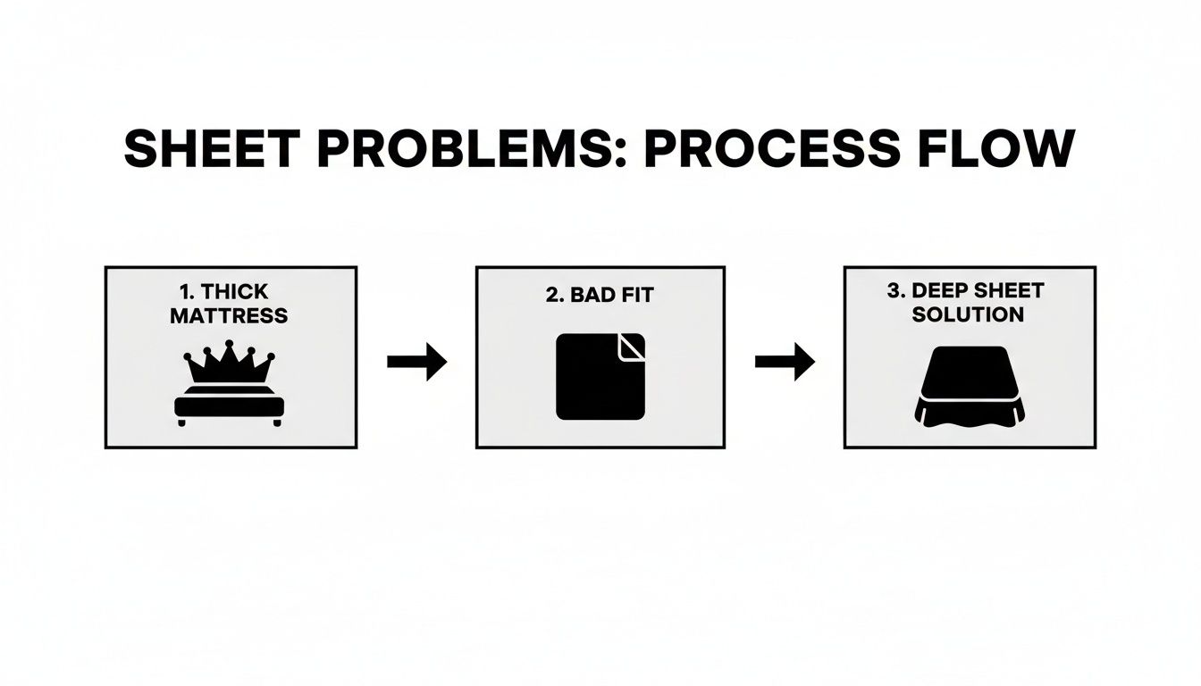 A flowchart showing sheet problems: a thick mattress leads to a bad fit, solved by a deep sheet solution.