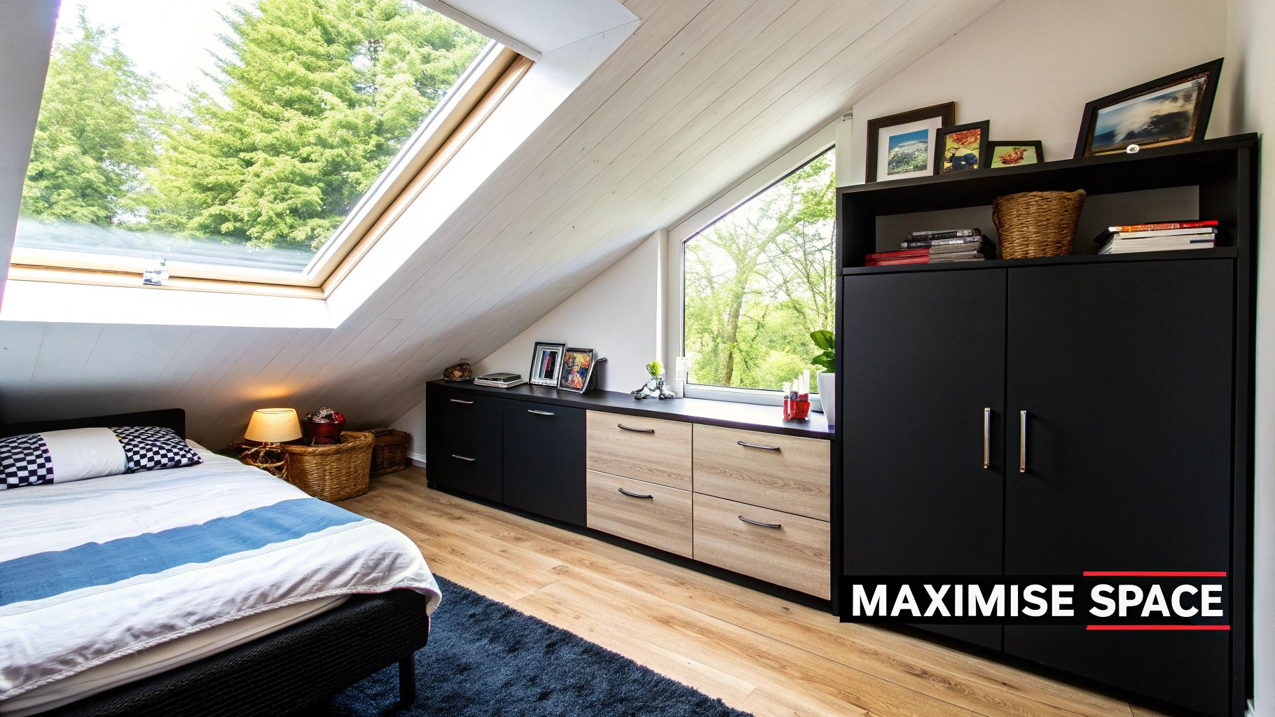 A cosy attic bedroom with a sloped ceiling, featuring low-profile furniture and clever storage built into the eaves.