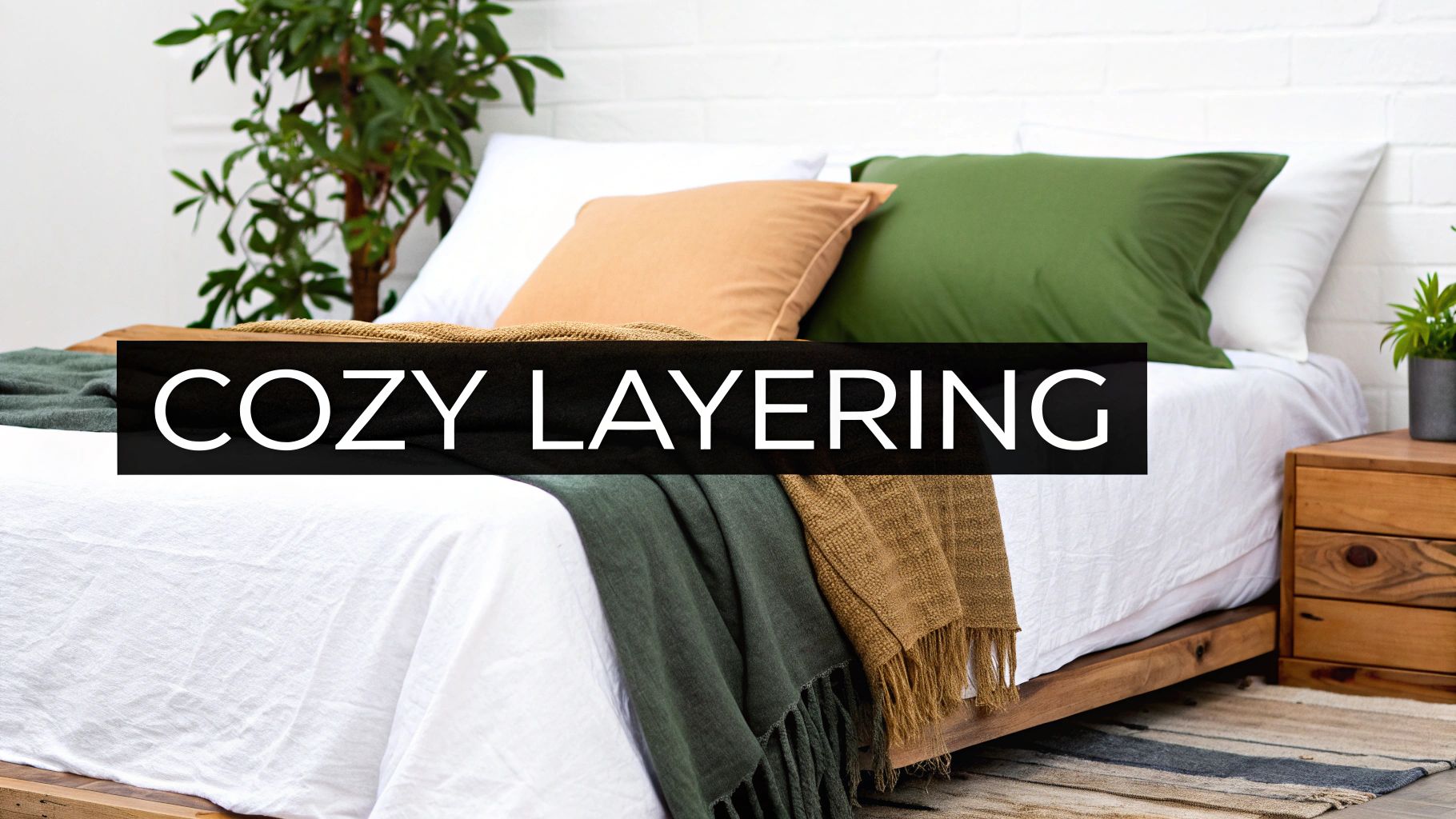 A beautifully layered bed featuring neutral-toned organic cotton sheets, a textured throw, and several pillows.