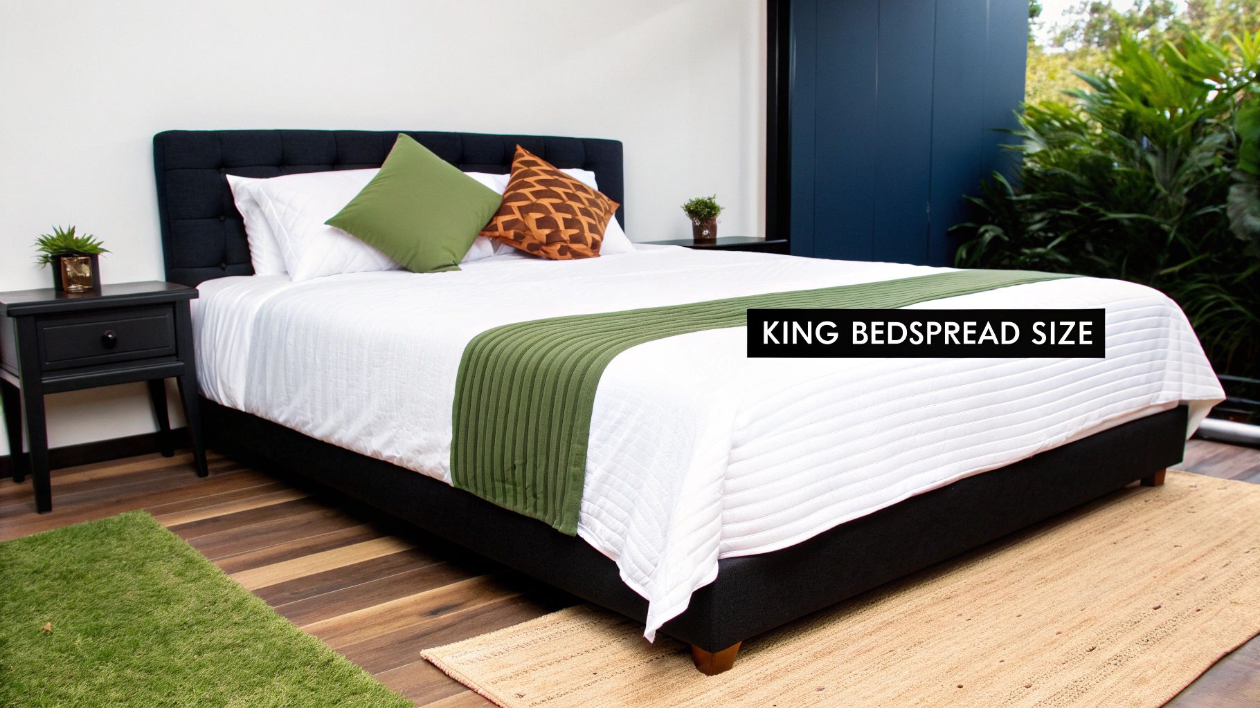 A king-size bed with white linens, a green bed runner, and decorative pillows in a modern bedroom.