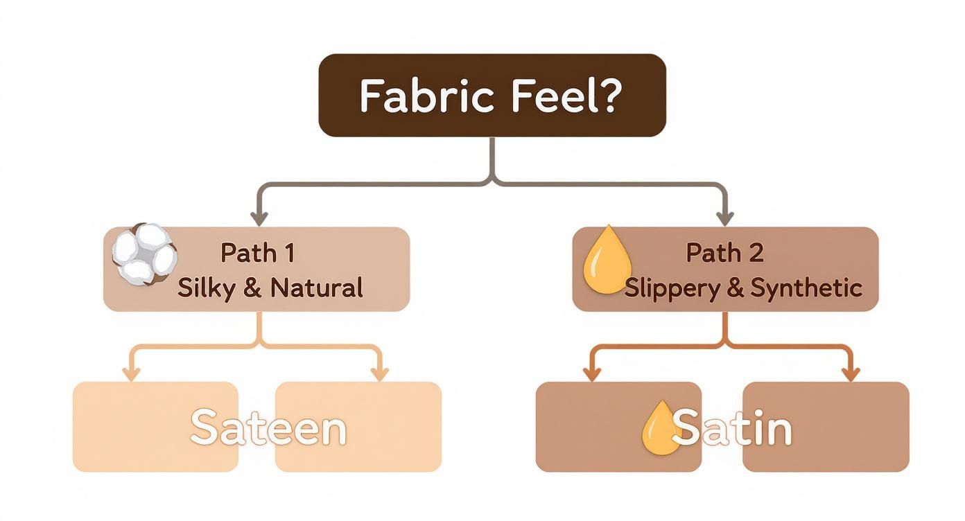 Flowchart comparing Sateen (silky, natural, cotton) and Satin (slippery, synthetic) fabric feels for better understanding.