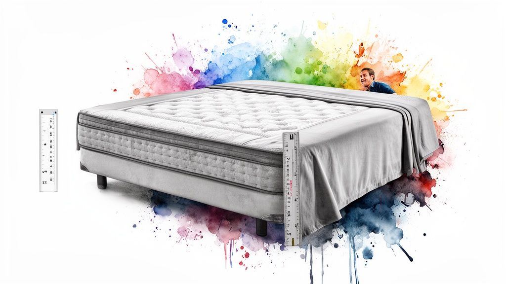 A smiling person peeks from behind a large mattress with rulers, surrounded by vibrant paint splashes.