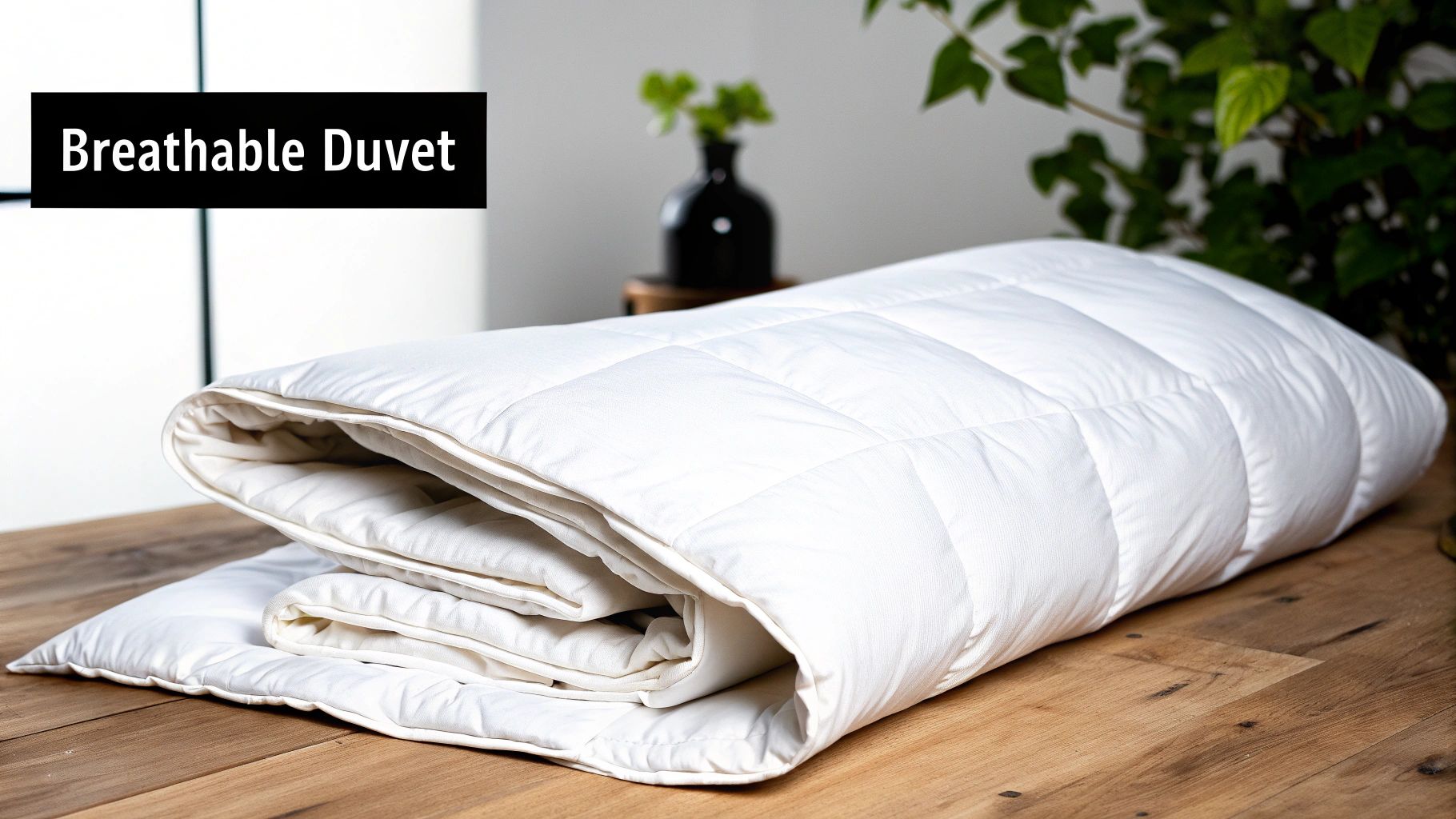 A neatly made bed with a white duvet, suggesting comfort and temperature regulation.