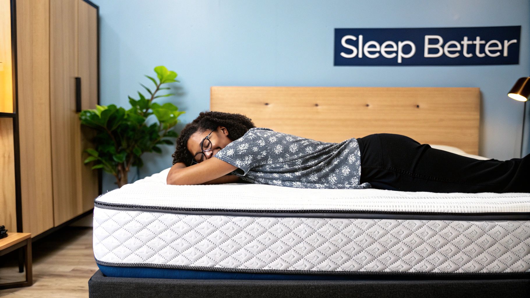 A person waking up refreshed and stretching in a comfortable bed with a mattress topper.