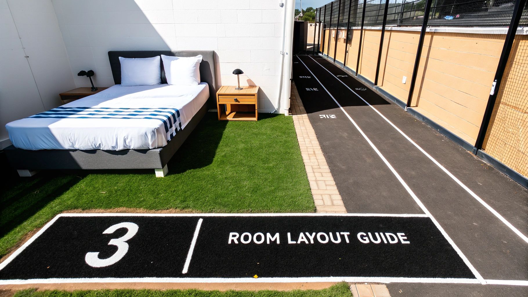 Unique outdoor room featuring a bed on artificial grass next to a running track marked with numbers.