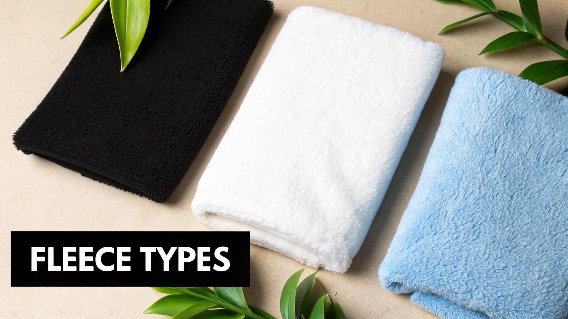 Three folded fleece fabrics in black, white, and light blue showcasing different fleece types and textures.