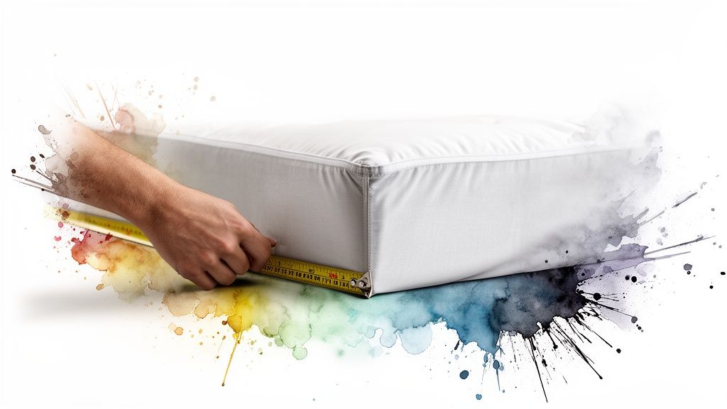 Hand measuring the height of a white mattress or cushion with a yellow tape measure.