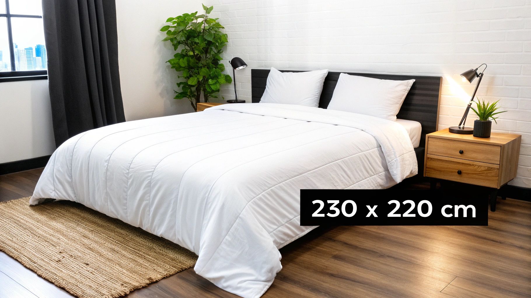 A bright bedroom with a bed, white duvet, pillows, wooden nightstand, and a plant.