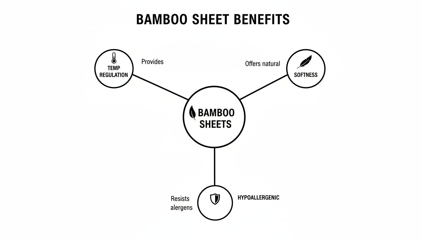 Infographic showing bamboo sheet benefits: temperature regulation, natural softness, and hypoallergenic.