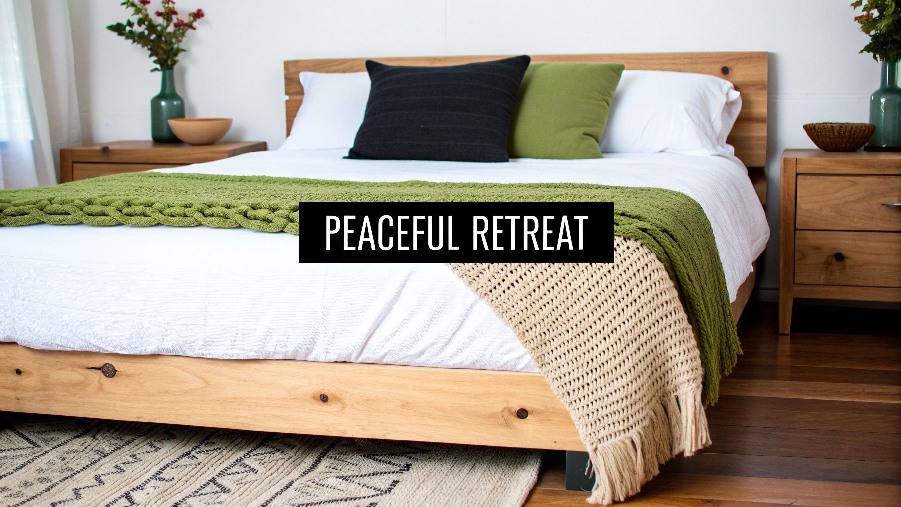 A serene bedroom with neatly styled organic cotton bedding in neutral tones.