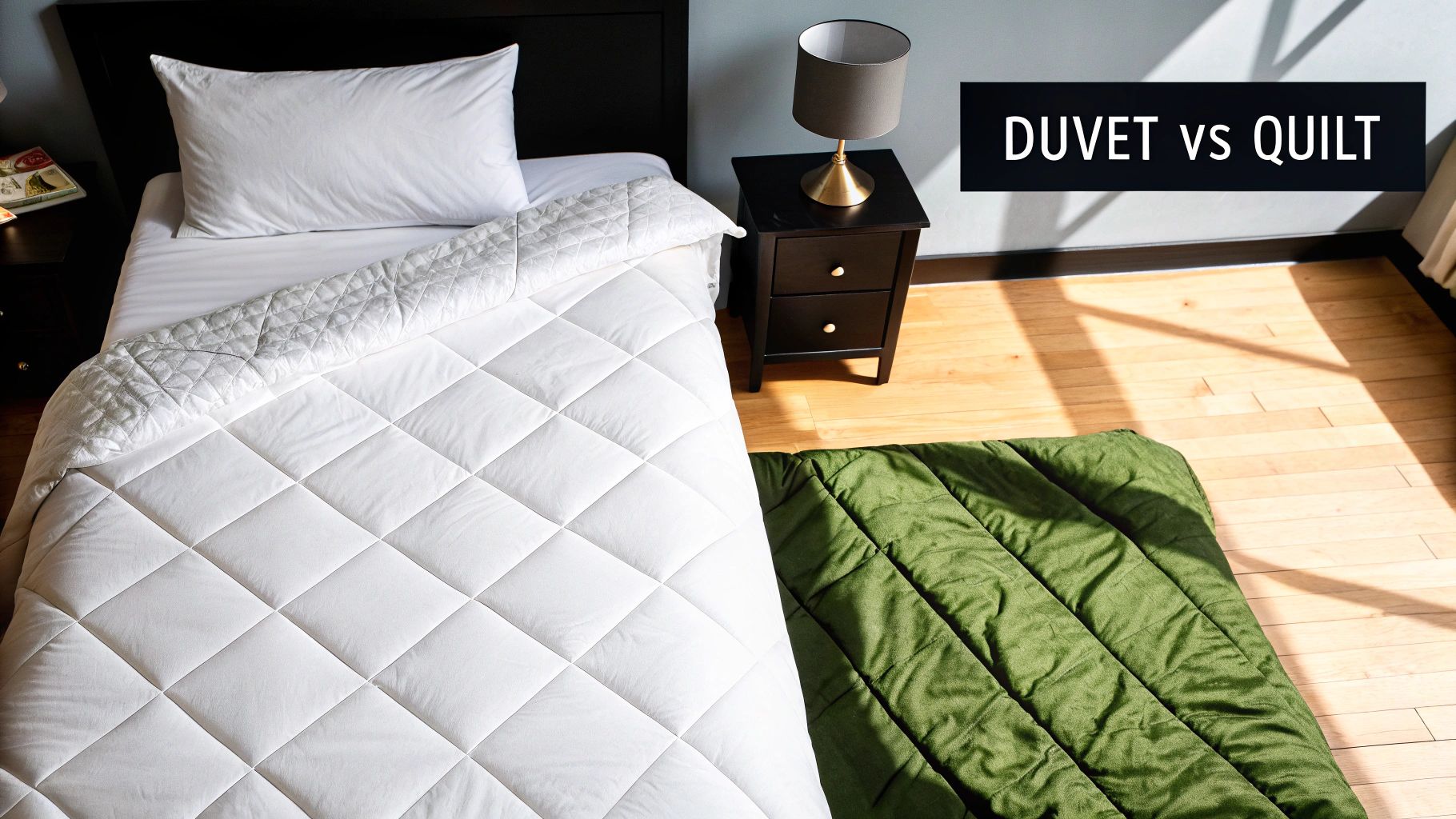 White duvet on a bed and a green quilt on the floor, showcasing 'DUVET vs QUILT'.