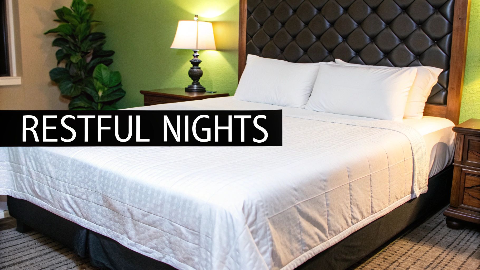 A beautifully made bed with a neatly tucked king size flat sheet.