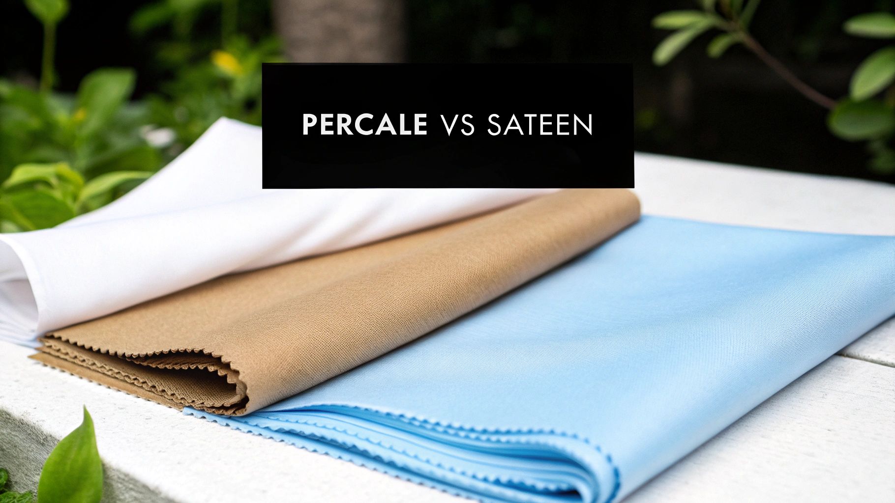 Folded white, tan, and blue fabrics illustrating the differences between Percale and Sateen bedding.