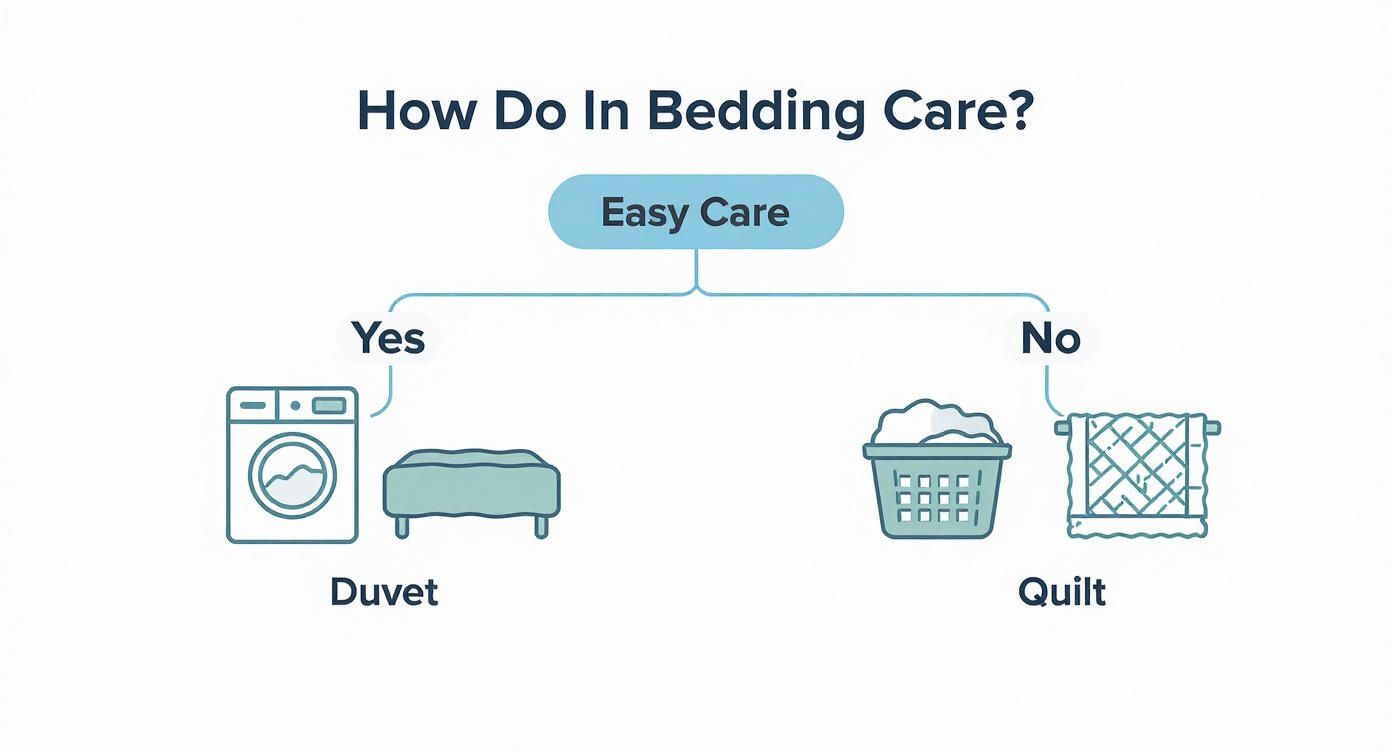 Flowchart illustrating bedding care decisions based on easy care, differentiating between duvets and quilts.