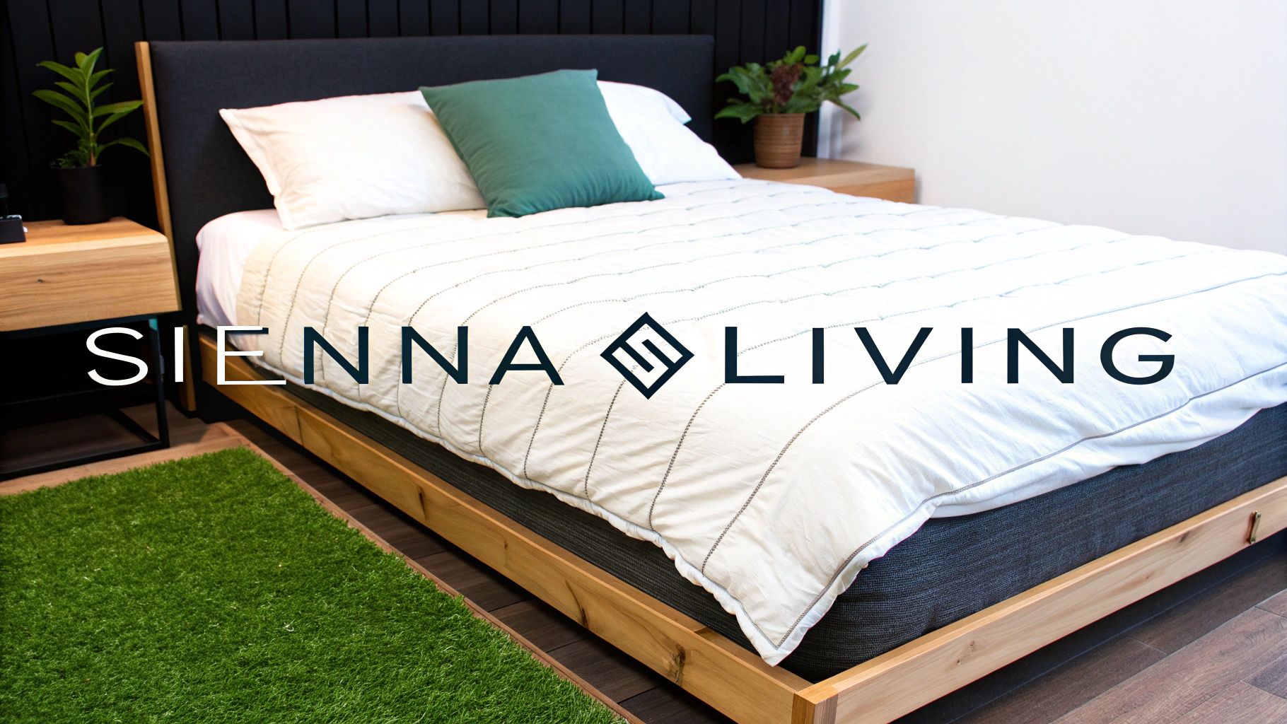 Modern wooden platform bed with white quilted bedding and teal accent pillow featuring Sienna Living branding