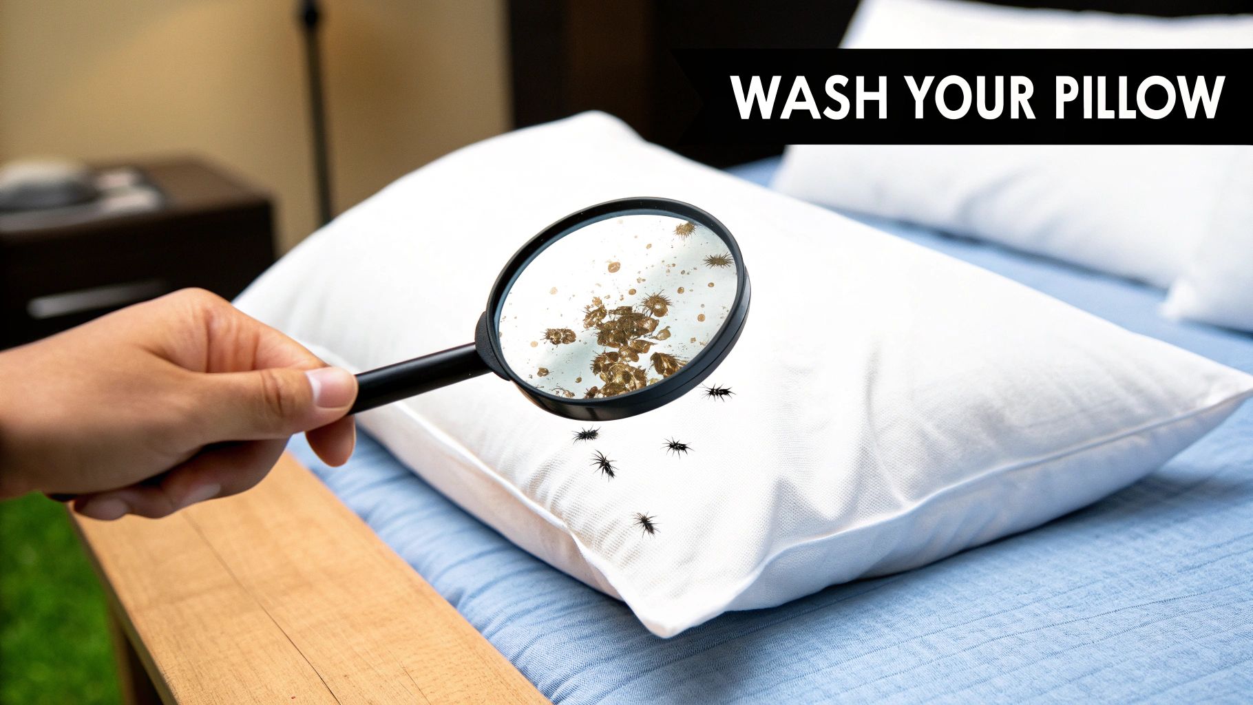 A hand holds a magnifying glass over a white pillow revealing numerous dust mites and insects, with text 'WASH YOUR PILLOW'.