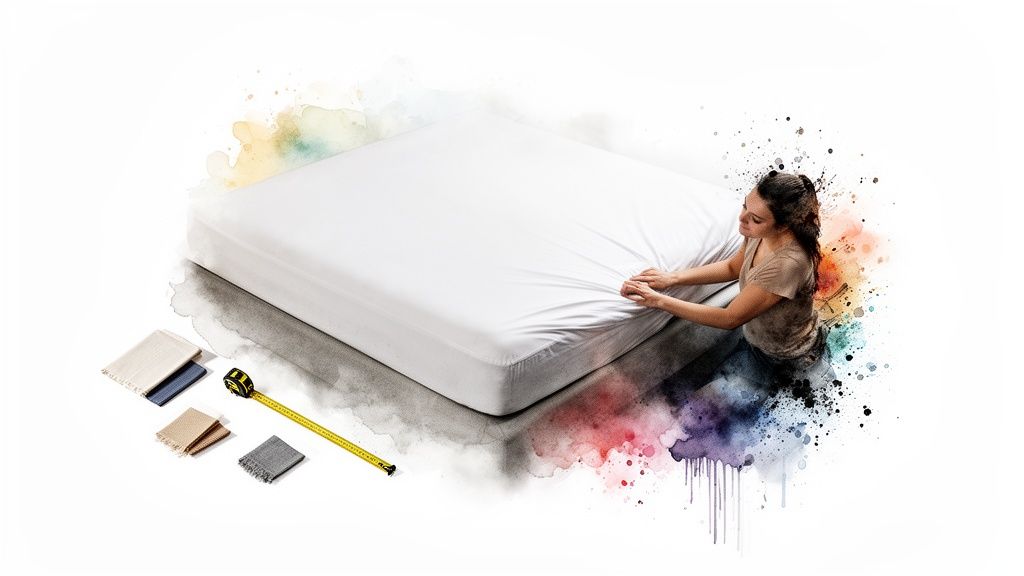 A woman fits a white sheet on a mattress, with fabric swatches and a measuring tape nearby.