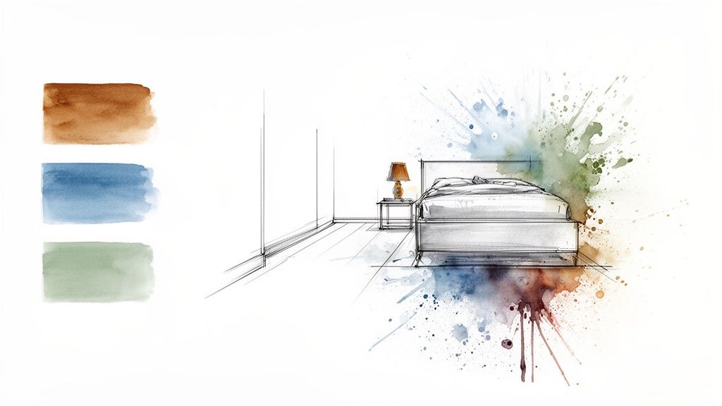 A watercolor and line art sketch showing a bedroom interior design concept with color swatches.