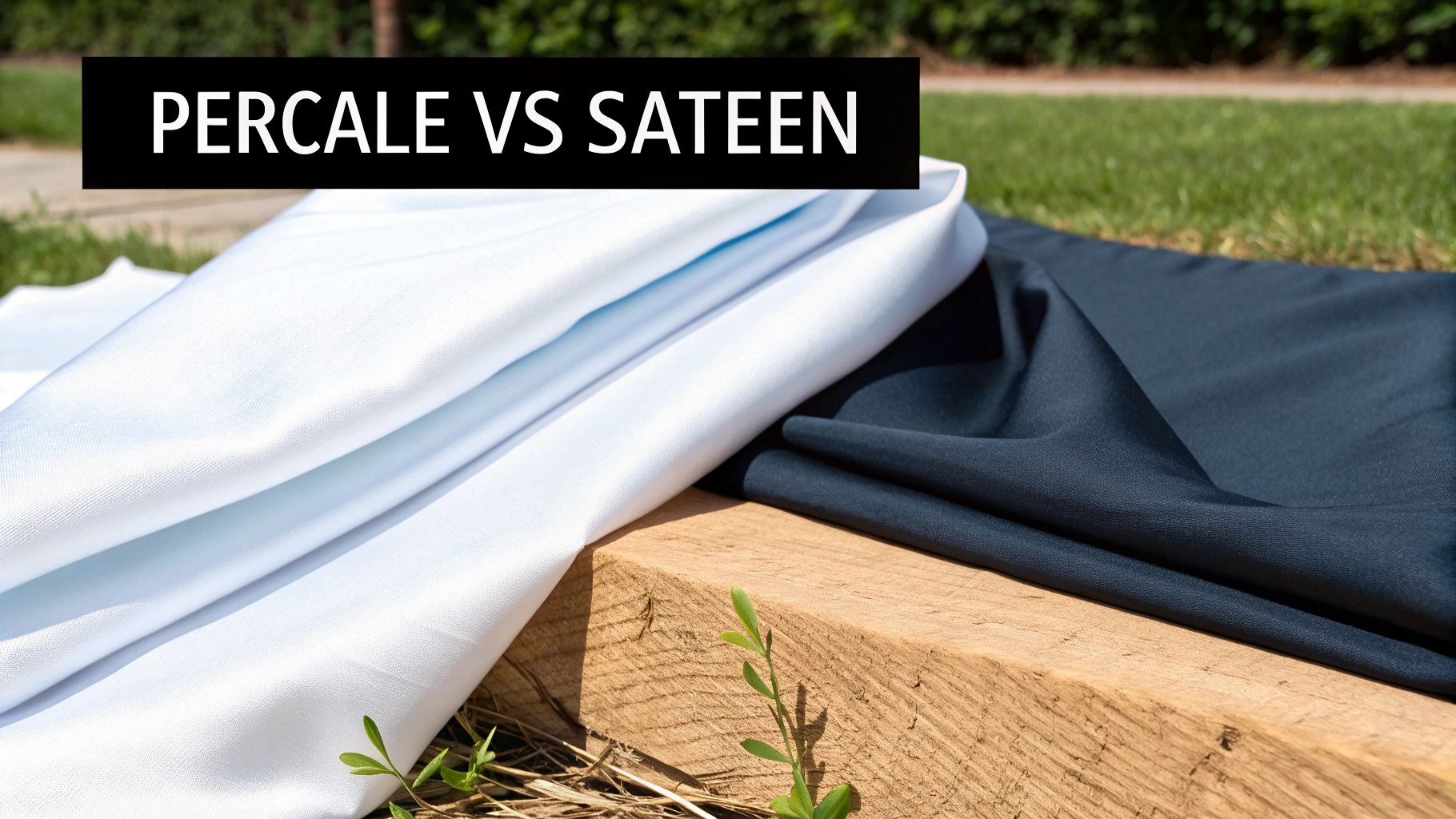 White percale and dark sateen fabrics draped over a wooden block with green grass, titled 'PERCALE VS SATEEN'.