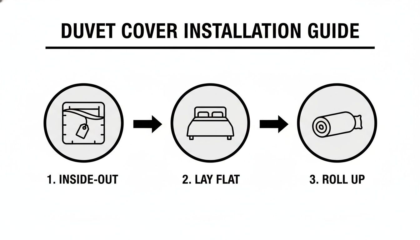 Duvet cover installation guide with three steps: inside-out, lay flat on a bed, then roll up.