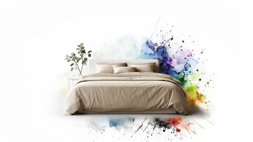 Comfortable beige bed with pillows, accented by vibrant watercolor splatters on a white background.